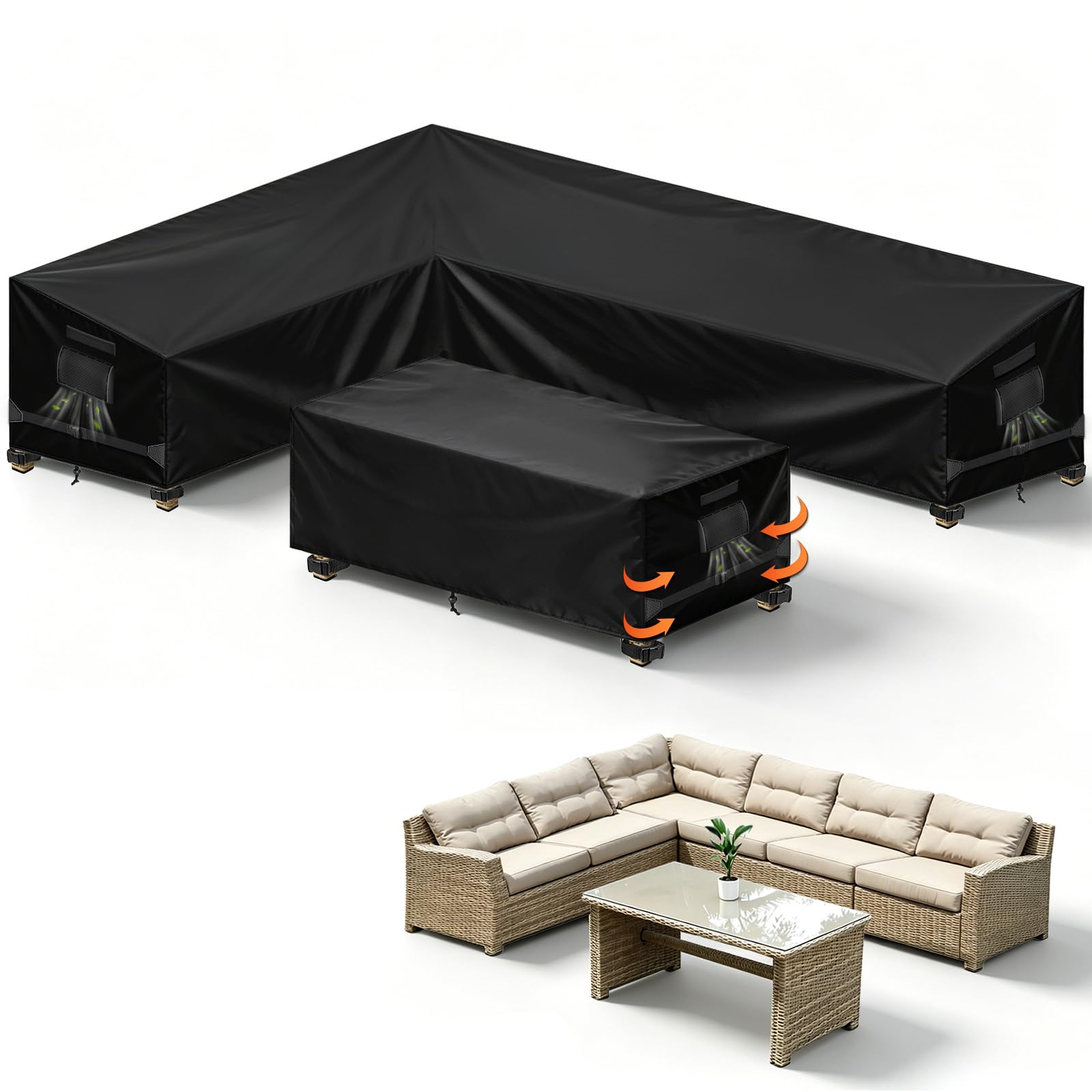 Khongoo L Shaped Garden Furniture Covers for Outdoor Sofa, 192x260cm, Black