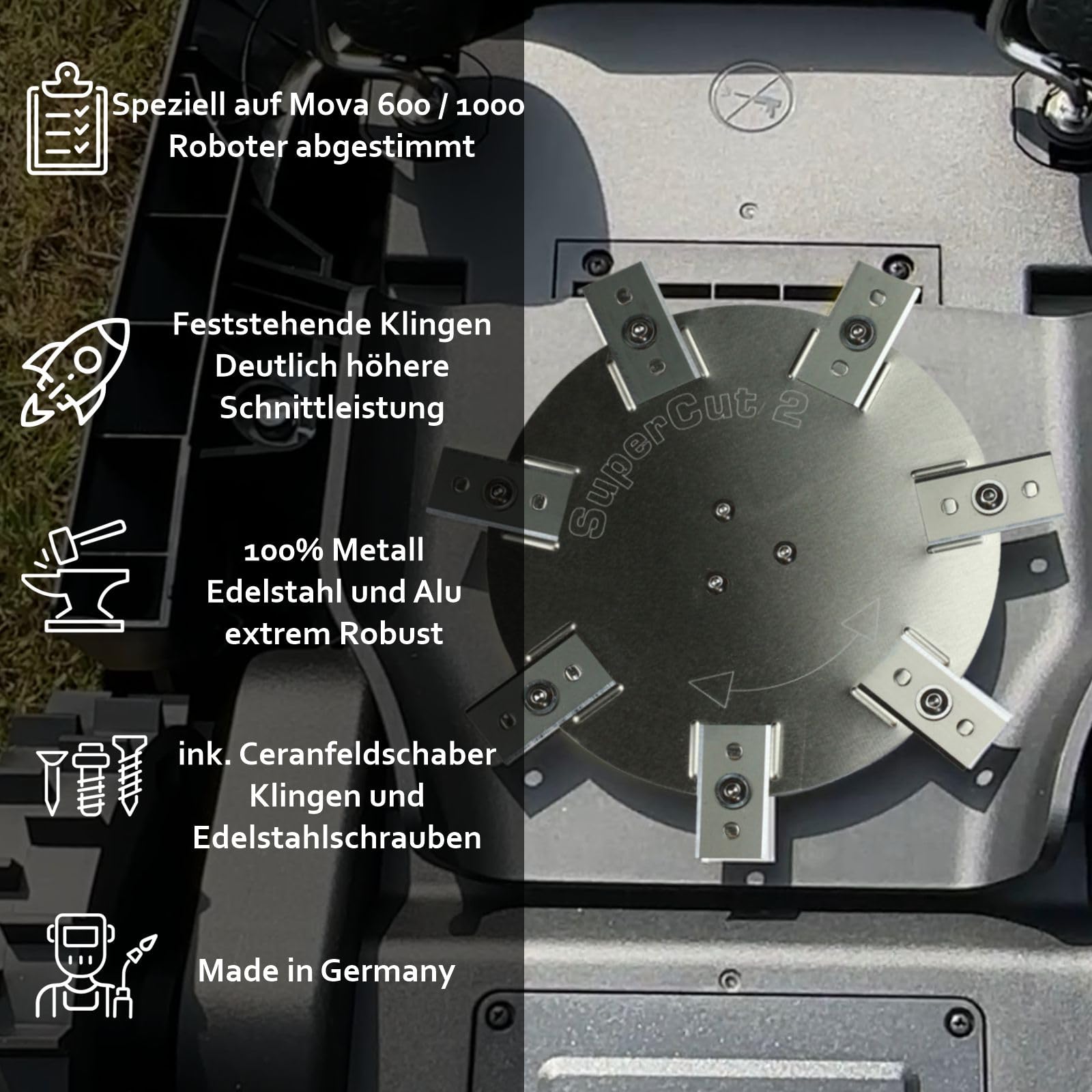 Messerscheibe für Mova ViAX/LiDAX/Mova 250-600 - 1000-1200 – Heavy Duty Messerteller aus Edelstahl & Aluminium – 7 Ceranfeldschaber Klingen – 200 mm Schnittbreite – Mähroboter