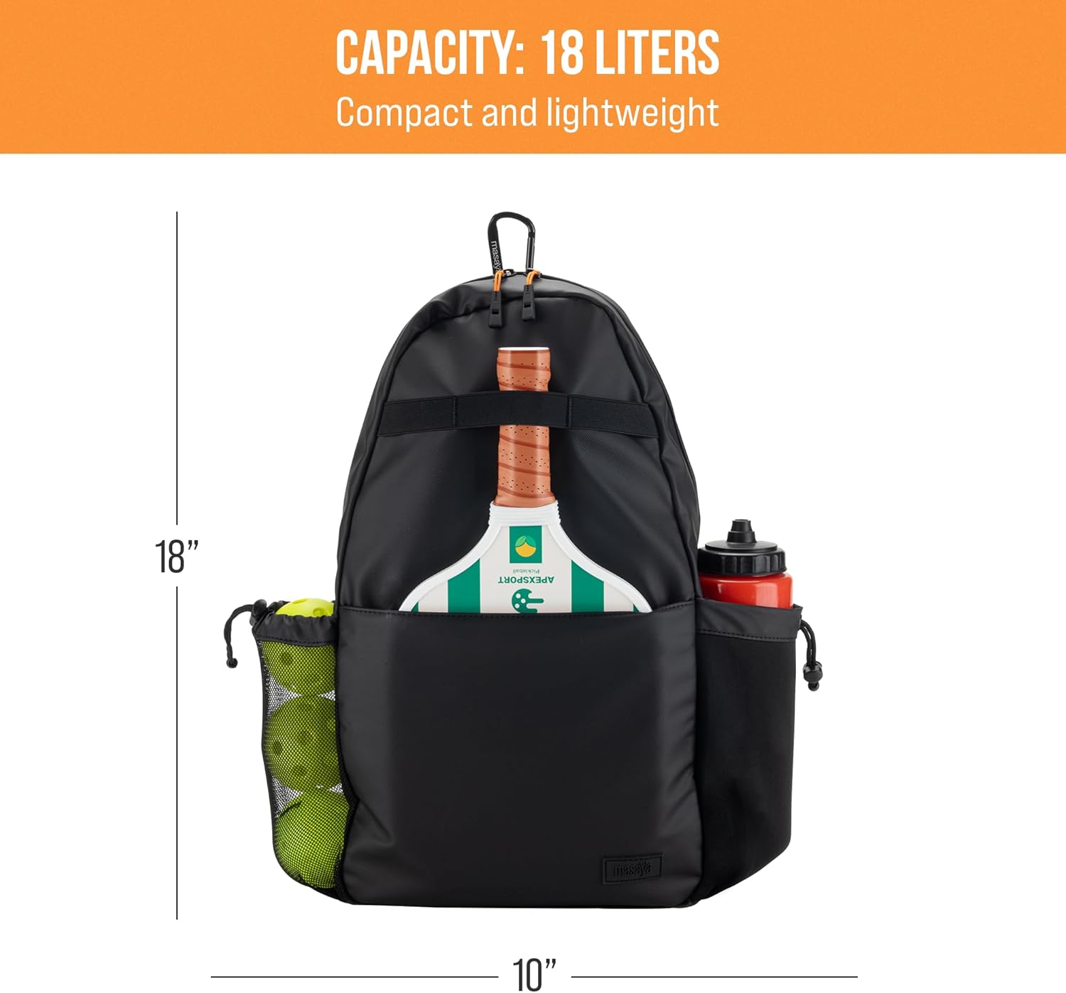 masaya compact pickleball sling bag – 18l, fits 3 paddles – lightweight, durable, water-resistant, minimal branding, fence hook, water bottle holder, multi-pocket, adjustable strap (black)