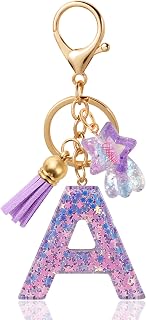 ANHBKAR Purple Resin Alphabet Initial Letter A Keychain with Star Pendant and Tassel - Cute Bag Charm for Women and Girls (A Purple)