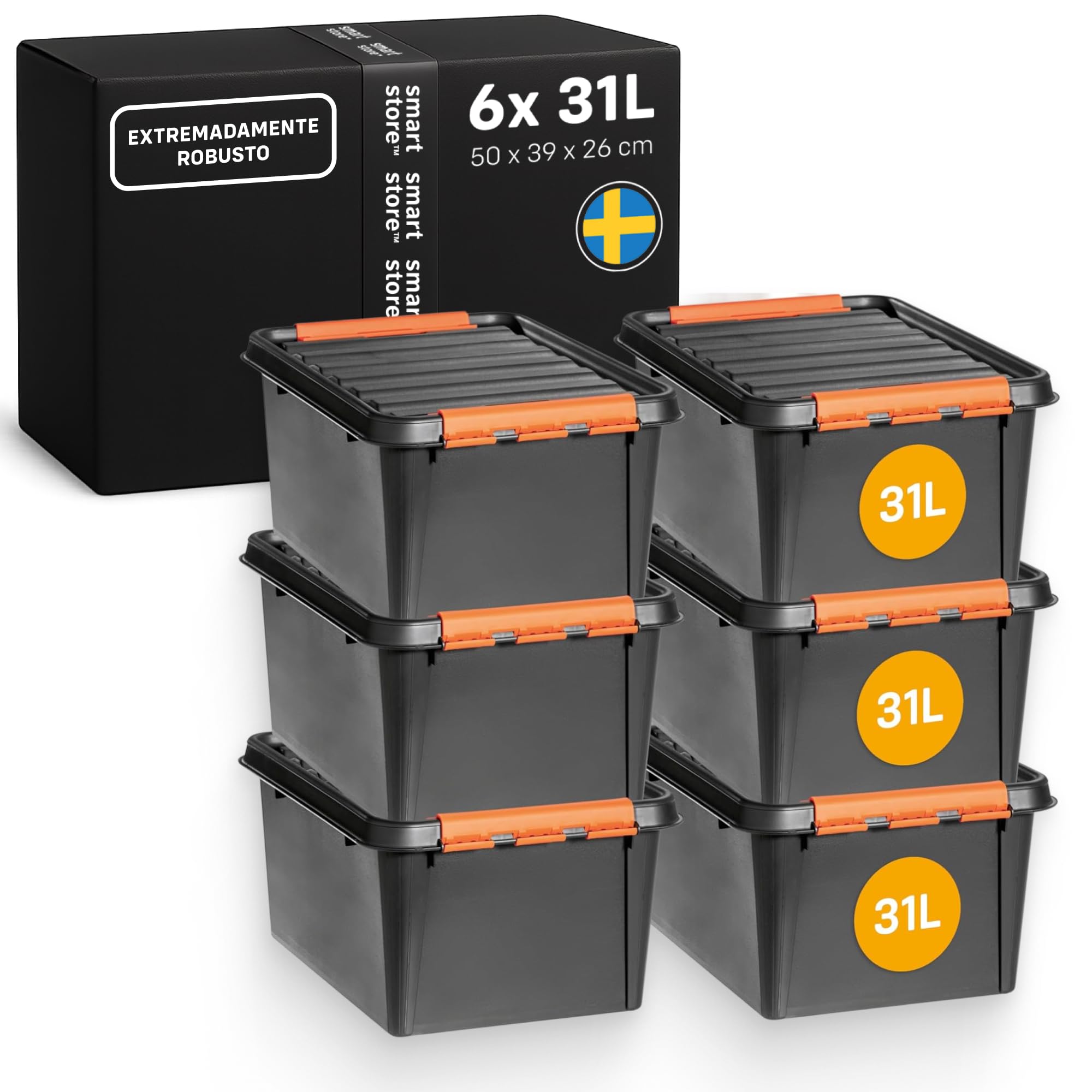 SmartStore Caja Almacenaje Resistente con Tapa I 31L I Pack 6 Cajas Apilables I Garaje Taller Mudanza I Cierre Clip I Made in Sweden I Negra I 50 x 39 x 26 cm