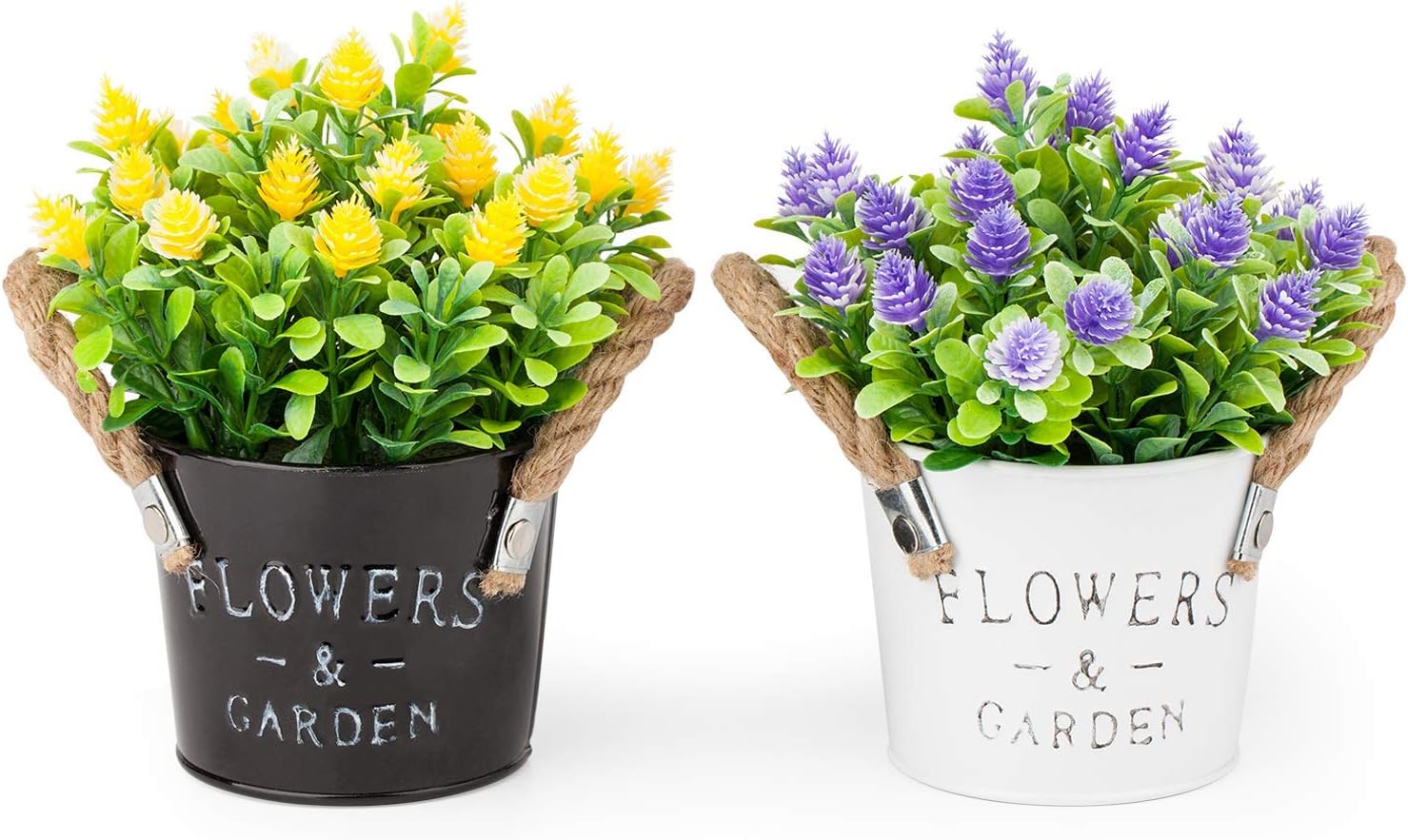 Pherypot Artificial Mini Plastic Fake Plant Flowers Potted in Black and White Metal Pot for Home Decor - Set of 2 ( Purple & Yellow with Green Grass )