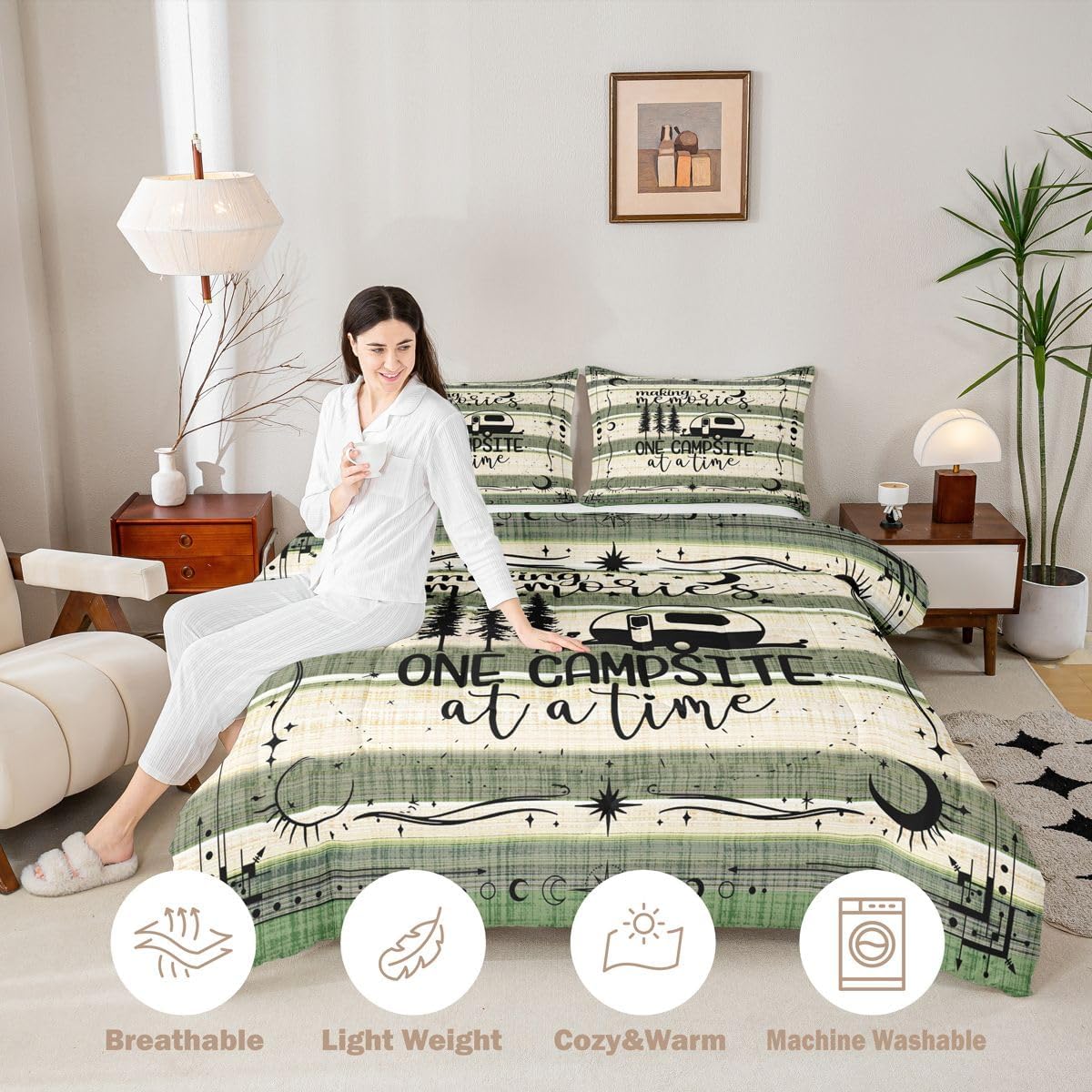 Erosebridal Happy Camping Decor Bedding Set, Rustic Camper Comforter Set King Size for Kids Teen Girls Boys Room Decor, Camper Accessories for Travel Trailers Duvet Insert with 2 Pillow Cases