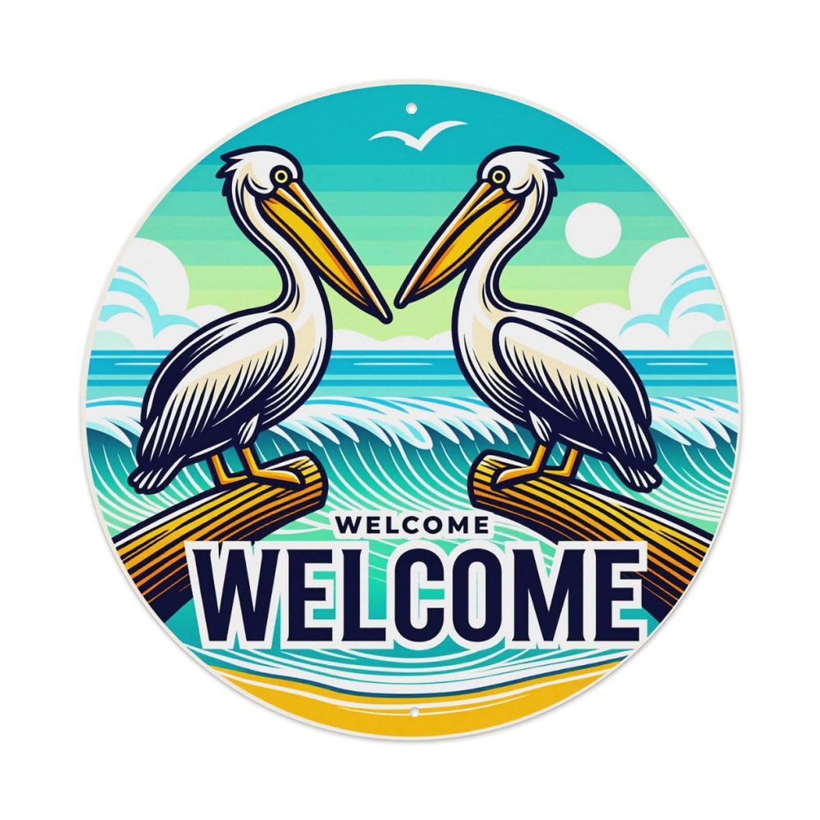 Pelican Beach Welcome Sign Art Metal Tin Sign Vintage Garden Bedroom Cafe Bar Man Cave Home Wall Decor Metal Poster 8x8 inches
