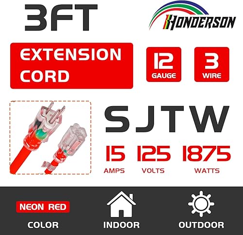 Miniatura 107 de Cable de extensión iluminado para exteriores 12/3 de 6 pies, calibre 12, 3 puntas, SJTW, resistente cable de extensión rojo neón con enchufe de 3