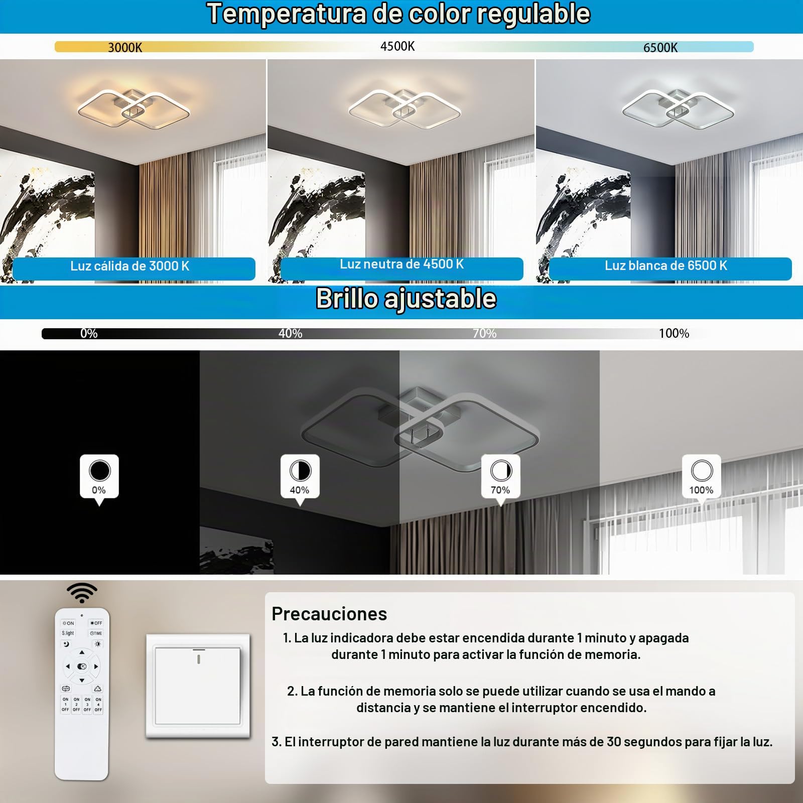 Osairous Lámpara de Techo Regulable 50W 5625LM, Plafon LED Techo con Mando a Distancia, 3000K-6500K, Luz de Techo LED Salon Plateado para Salón Dormitorio Cocina, 64CM