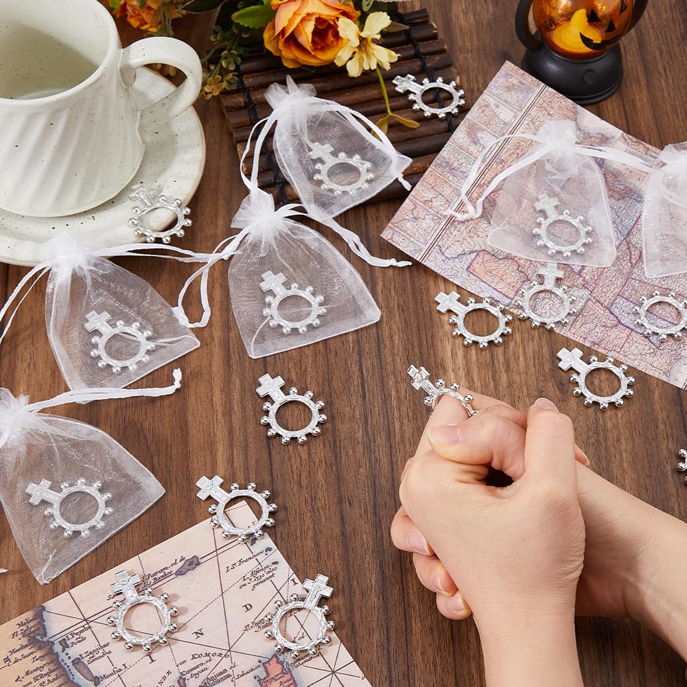 DICOSMETIC 40 anillos de rosario de dedo, anillos de cruz de bolsillo a granel con 40 bolsas de organza, anillo pequeño de oración católica, juego de recuerdos de bautismo de platino para hombres y