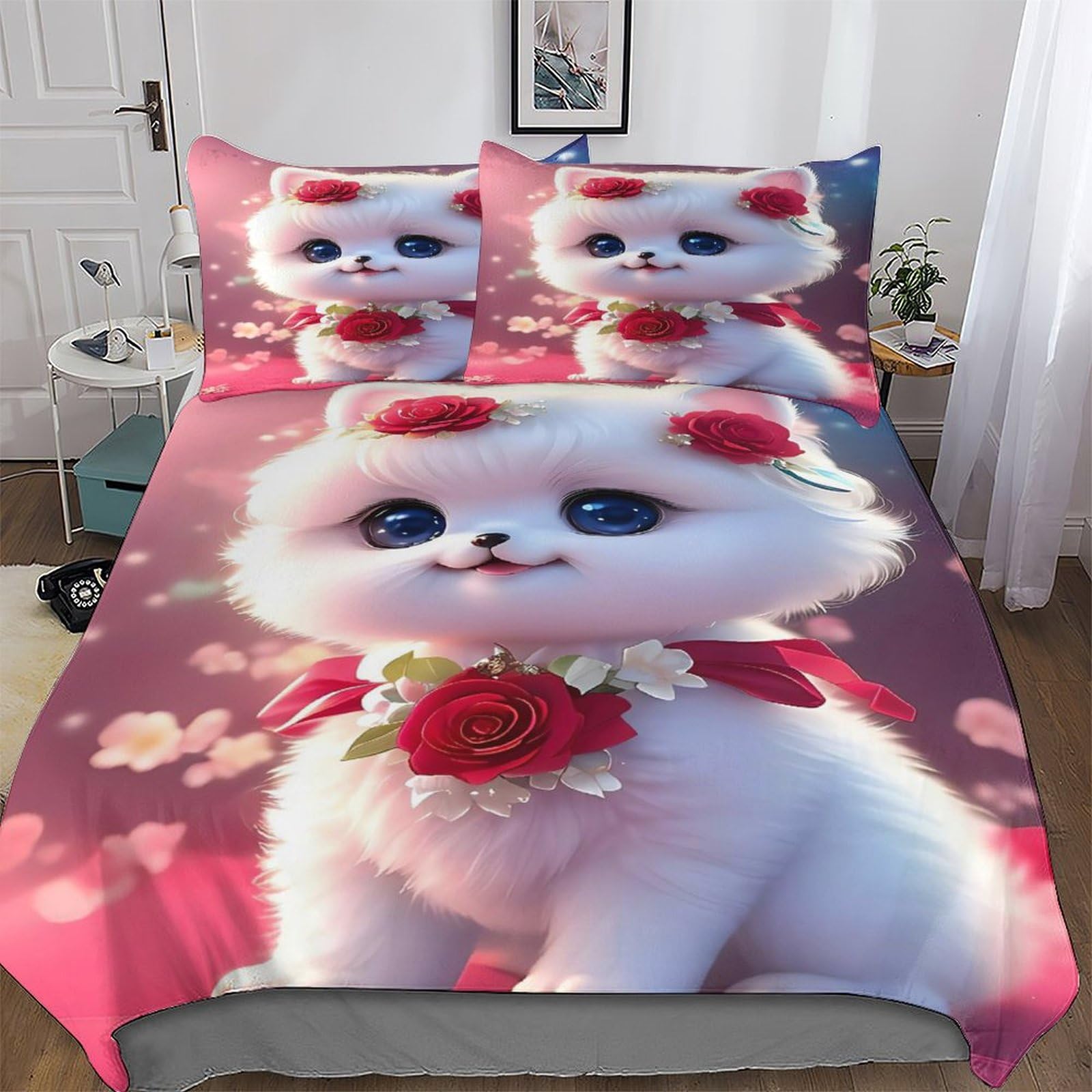 Housse de couette chat 200x200 parure de lit double microfibre hypoallergénique douce 3 pièces