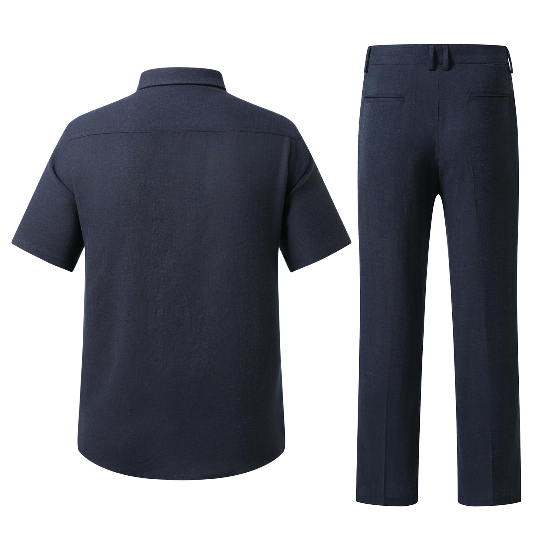 YFFUSHI Herren Hemd Hose Set Leinen Sommer Kurzarmhemd mit Tasche Lange Hose 2-teiliges Outfit Strand Business Casual
