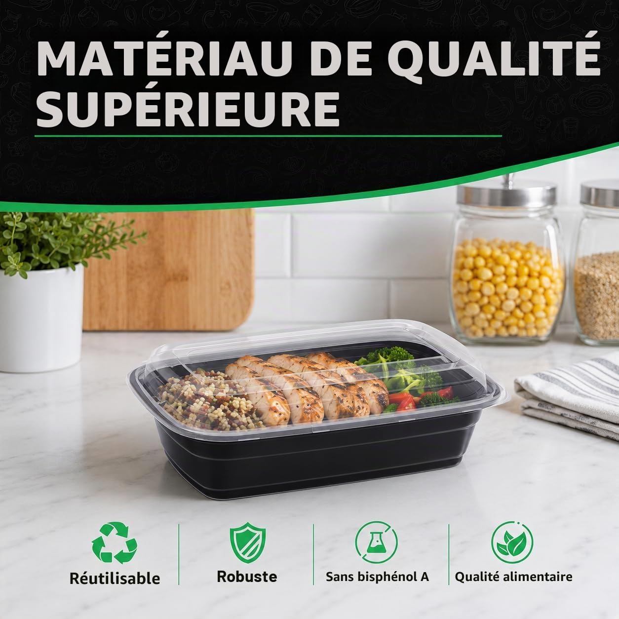 WUHUIXOZ Lot de 50 boîtes à repas de 946 ml avec couvercles, boîtes à bento jetables en plastique réutilisables, sans BPA, passent au micro-ondes, au lave-vaisselle et au congélateur