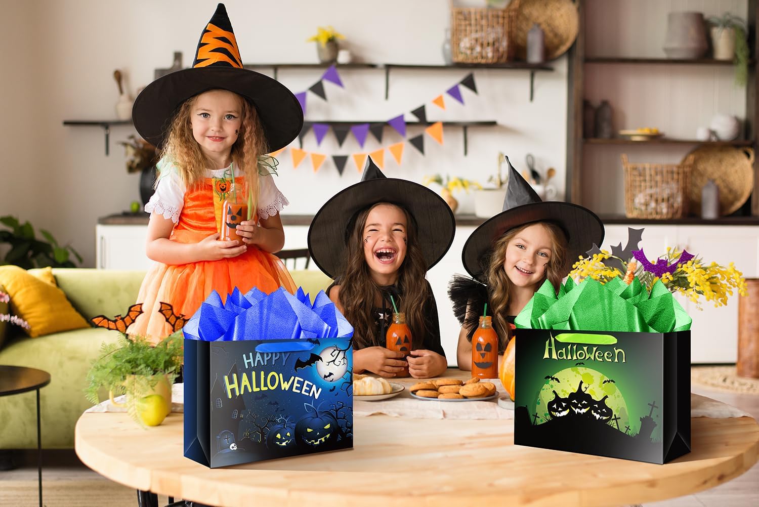 JWSCYSY 2Pack 12.6" Halloween Pumpkin Gift Bag with Card and Tissue Paper, Large Trick or Treat Gift Bags for Kids Adults Party Favor (Blue, Green) - Image 3