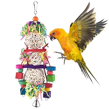 Bissap Bird Toys, Parrot Climbing Net Seagrass with Wood Blocks Foraging Wall Chewing Toy for Cockatiel, Budgerigars, Lovebirds, Finch, Parakeets, Conure