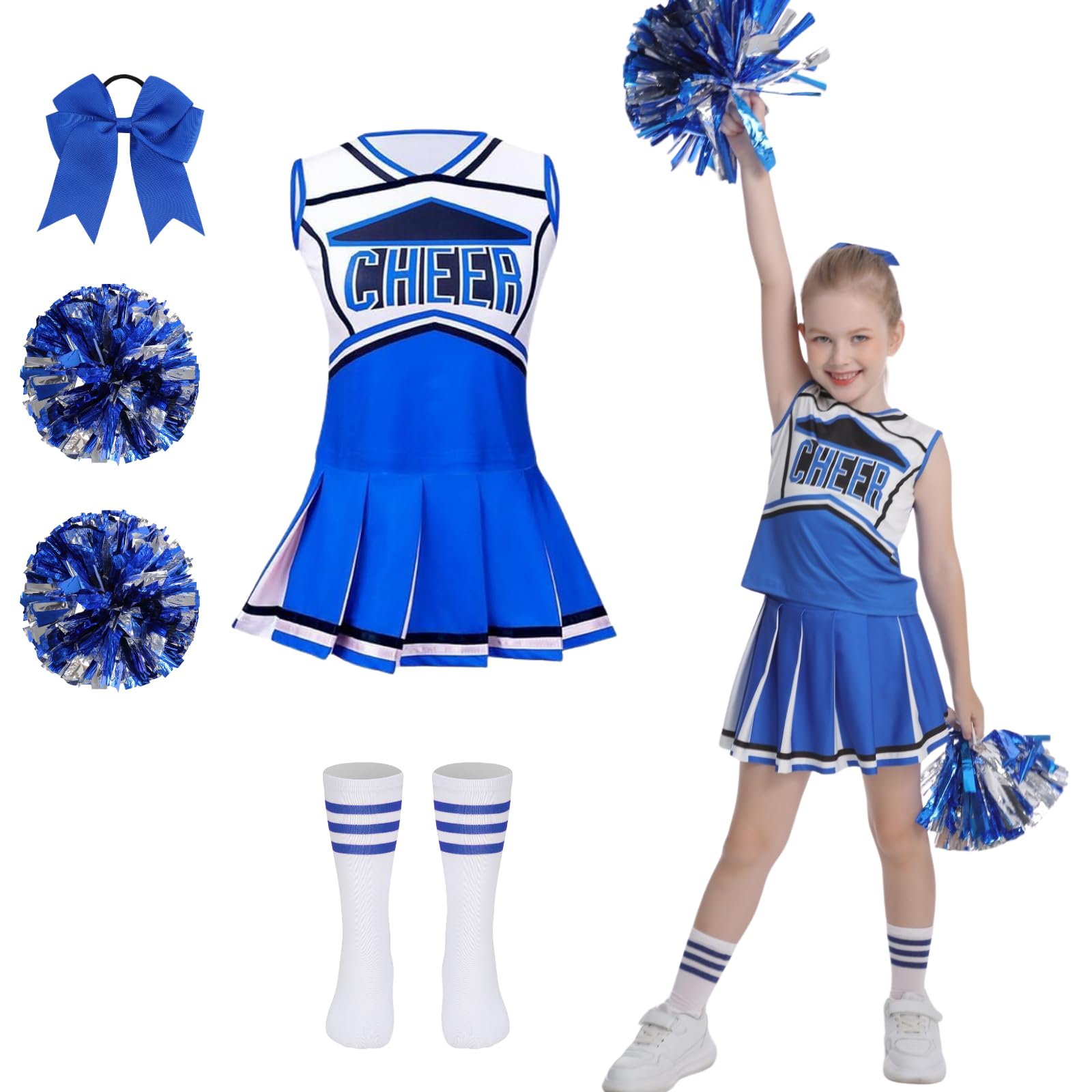 DELIVESS Cheerleader Costum for Girls Cheerleading Outfit Kids School Cheer Uniform 5 Pcs Set for Halloween Party Dress up 12-14 Years (160, Blue)