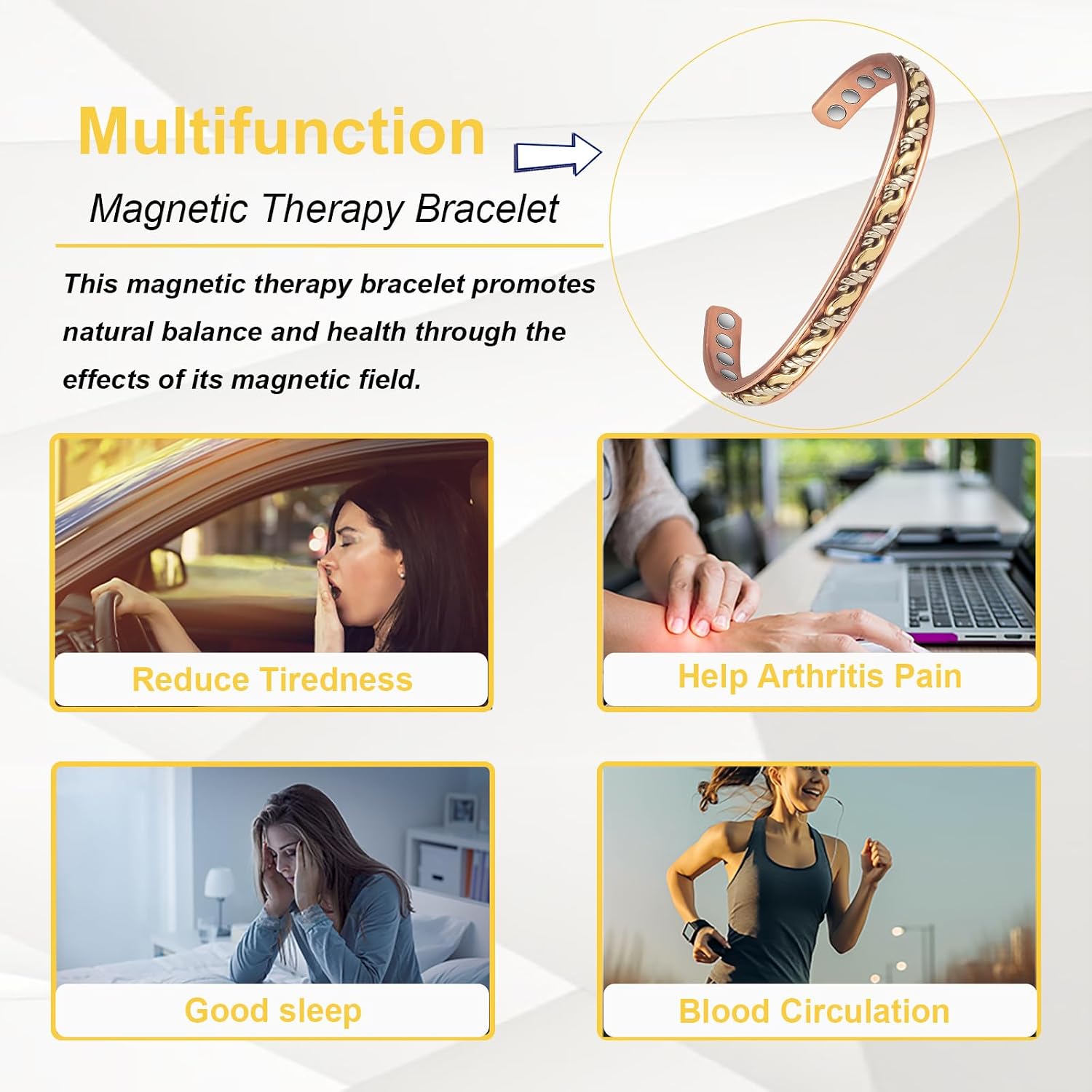 Copper Magnetic Bracelet for Women for Arthritis, Pure Copper Three-Color Gold Braid Adjustable Bracelet, Magnetic Jewelry Present(1072SG)