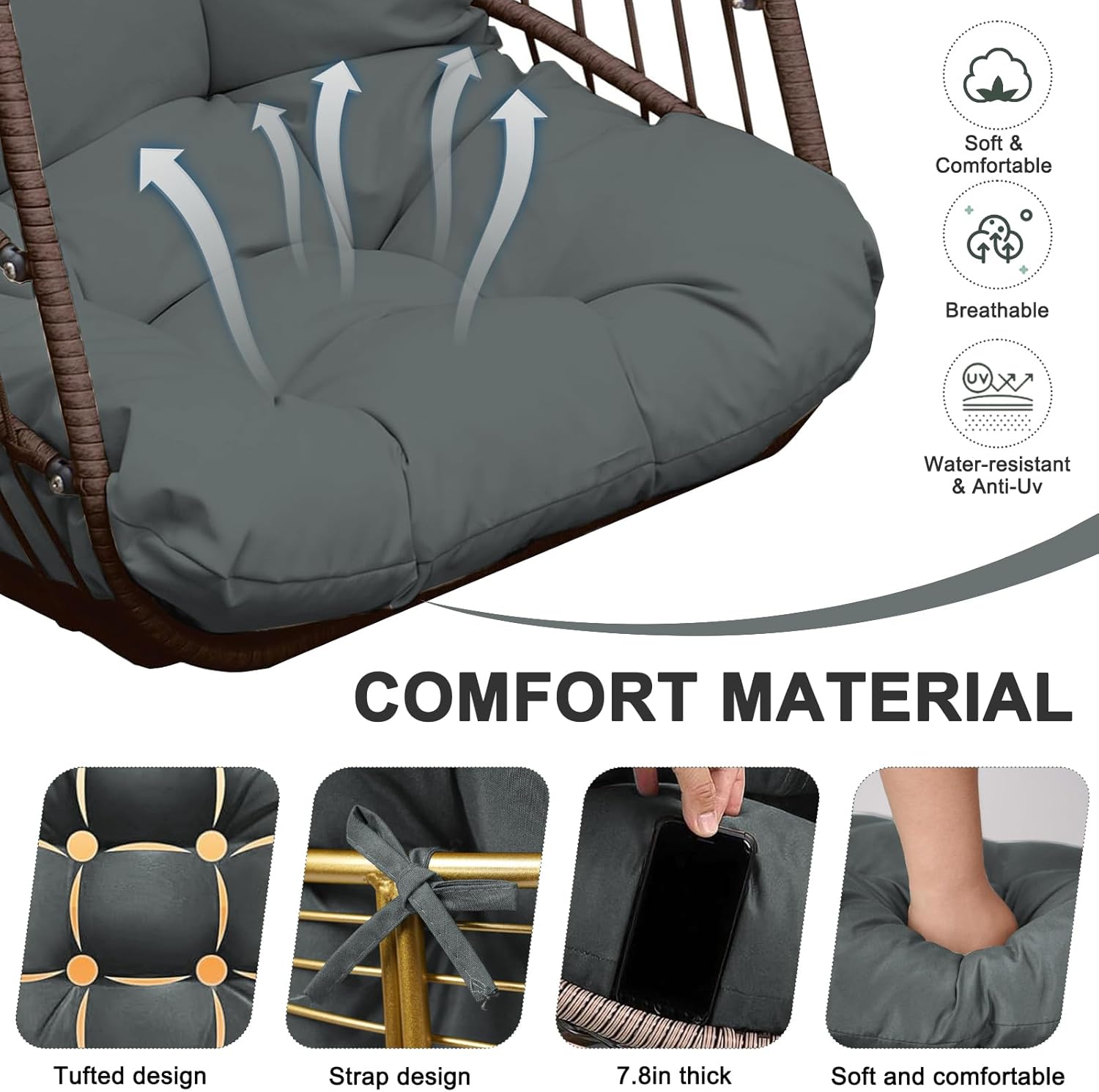 Egg Chair Cushion Replacement, 7.8in Thick Waterproof Hanging Egg Chair Cushions, Outdoor Papasan Rocking Chair Cushions with Ties, Hammock Chair Pad for Indoor Outdoor (only Cushion) (GRAY1)