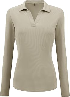 Womens V Neck Polo Shirts Long Sleeve Business Casual Tops Slim Fit Knit Collared Blouses
