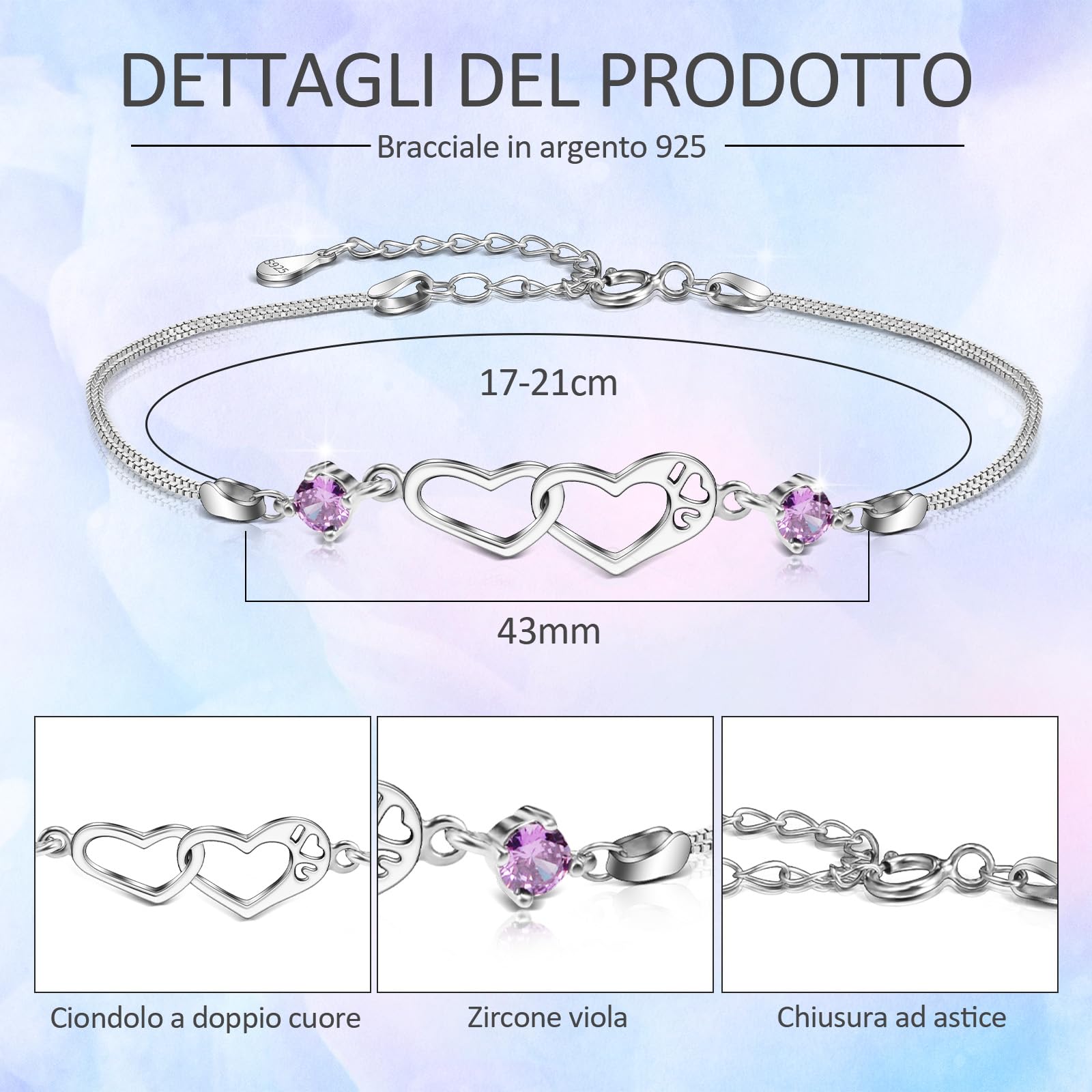 FANCIBAND Pulsera de mujer de plata 925 con doble corazón con circonita púrpura, personalizada, pulseras de mujer plateadas, regalo de cumpleaños de San Valentín para ella esposa novia, Talla única,