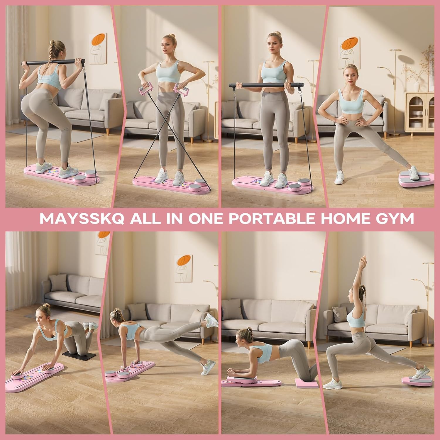 6-in-1 Pilates Reformer Board for Home Workout, Portable & Foldable with Resistance Bands, Core Training & Full-Body Fitness Equipment for Women​