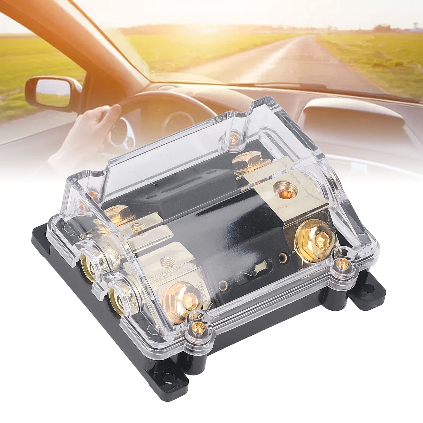 Aramox Blocco di Distribuzione dell'alimentazione con Fusibile In Lega di Zinco Placcato Oro Supporto ANL 0GA In 2 X 4GA Out 100A per Cablaggio Amplificatore Stereo per Auto In Auto Camion Barche