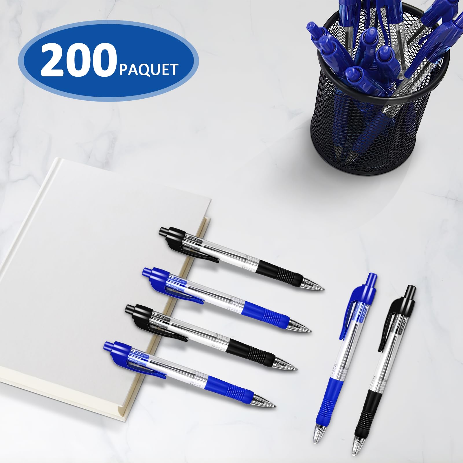 Lot 200 stylos à bille rétractable, pointe moyenne 1,0 mm