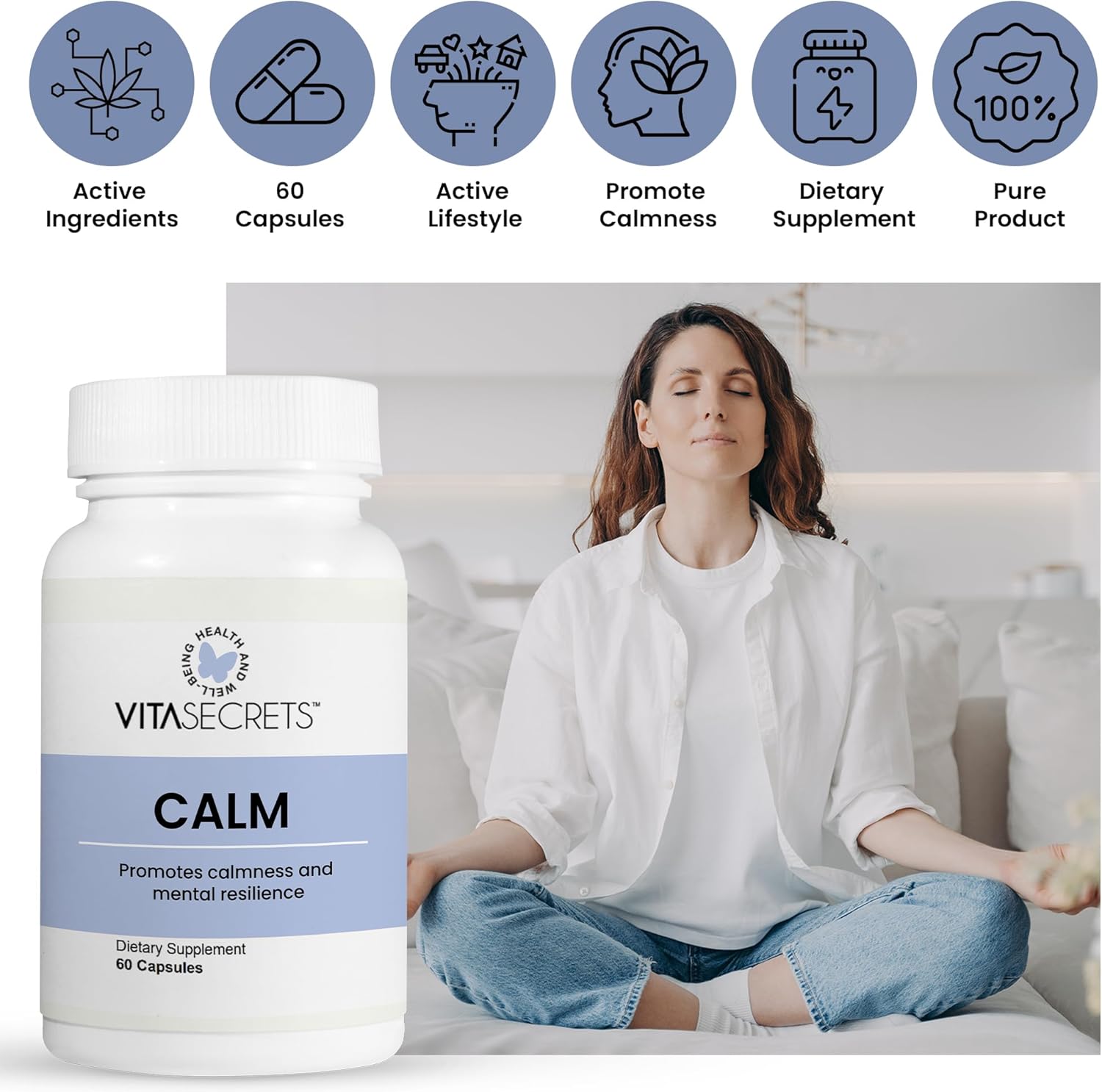 Vitasecrets Calm Stress Relief Supplement - Ashwagandha Capsules, GABA, Green Tea Extract, and L Theanine Boosts Mood – Gluten Free, No Artificial Colors or Preservatives - 60 Capsules - Image 4