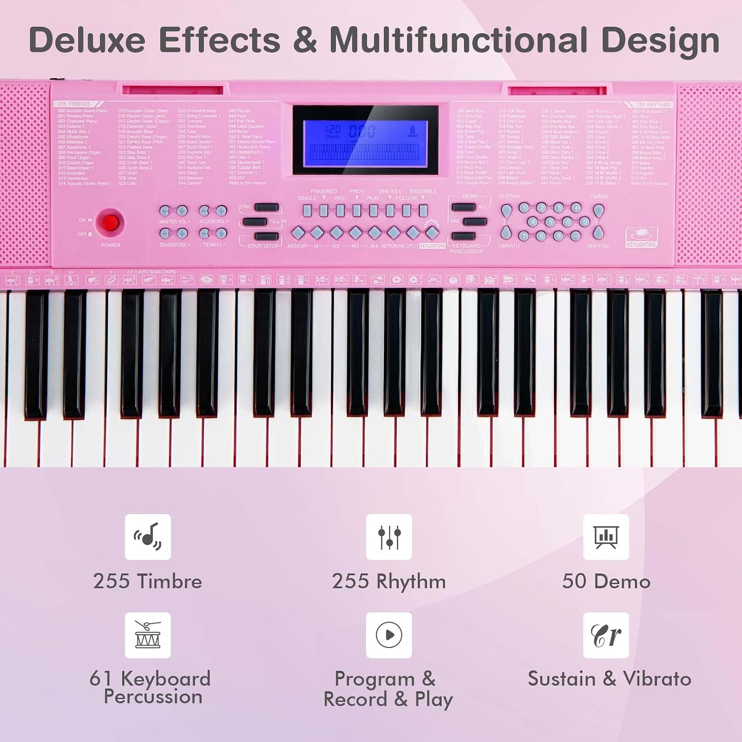 HONEY JOY 61 Key Piano Keyboard for Beginner, Portable Electronic Music Keyboard Piano with Lighted Mini-size Keys, LCD Screen, Headphone & Microphone, 3 Teaching Modes for Kids Boy & Girl(Pink)