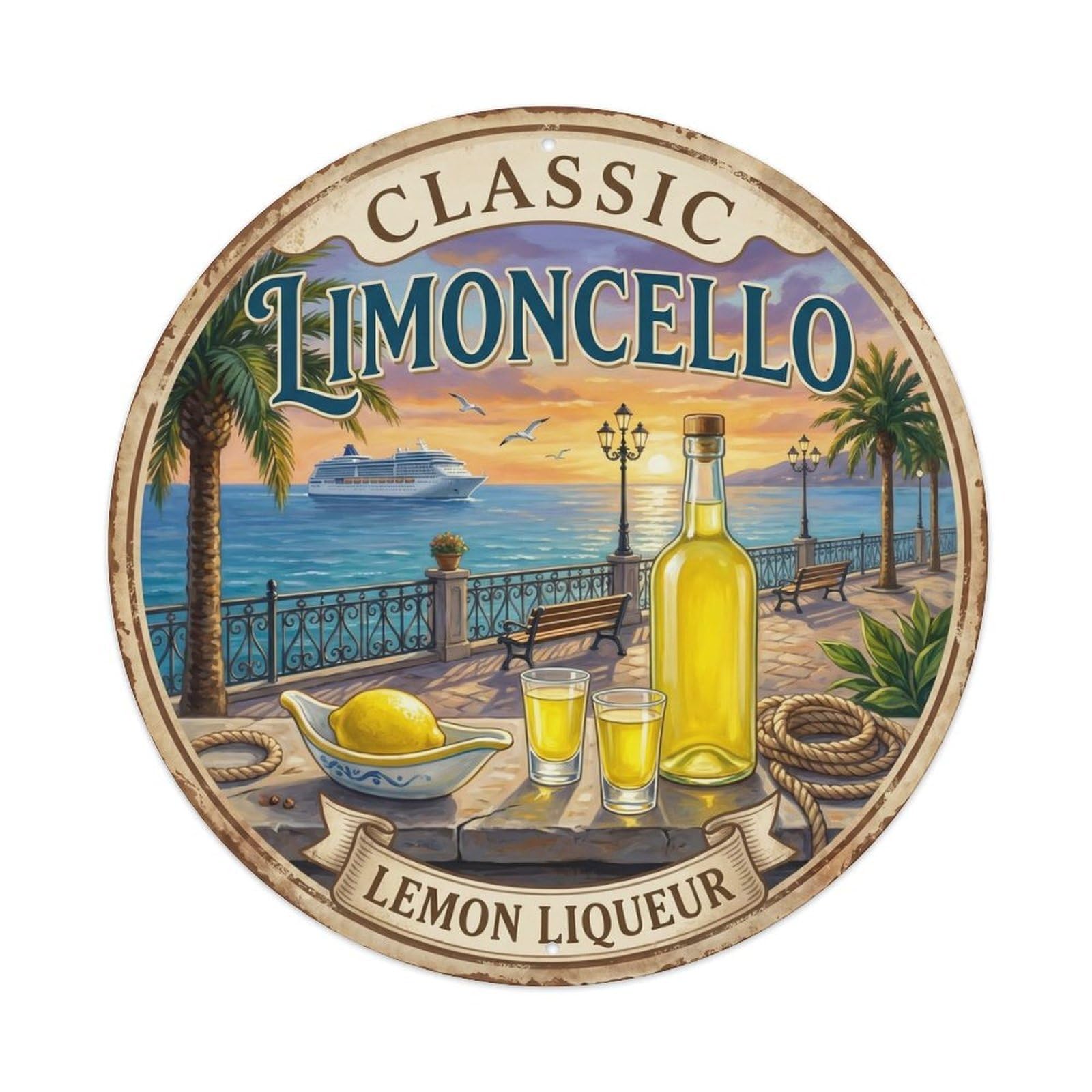 Classic Coastal Limoncello Vintage Metal Tin Sign Plaque Wall Decor for Cafe, Club, Garden Round Metal Poster 8x8Inch