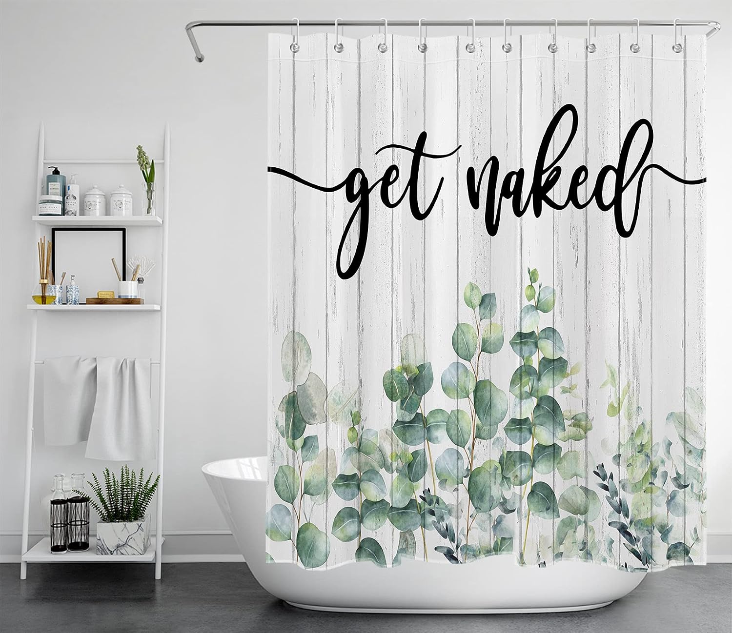 HVEST Get Naked Bathroom Sets with Shower Curtain and Rugs, Green Eucalyptus Leaf Plant on Farmhouse Wood Shower Curtain Set Bathroom Decorations,70L X 70W inches