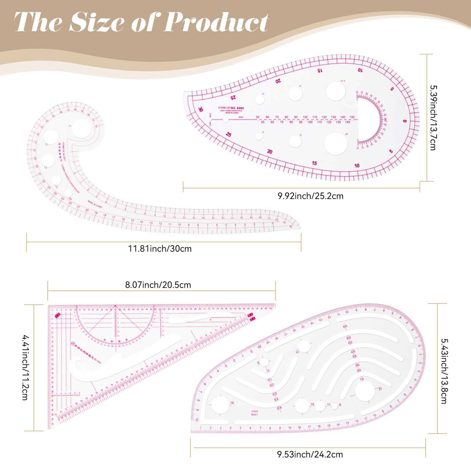 Juego de reglas de costura métricas transparentes, kit de regla de patrón de curva francesa para principiantes, sastres, diseñadores, fabricantes de vestidos, regla de acolchado de precisión
