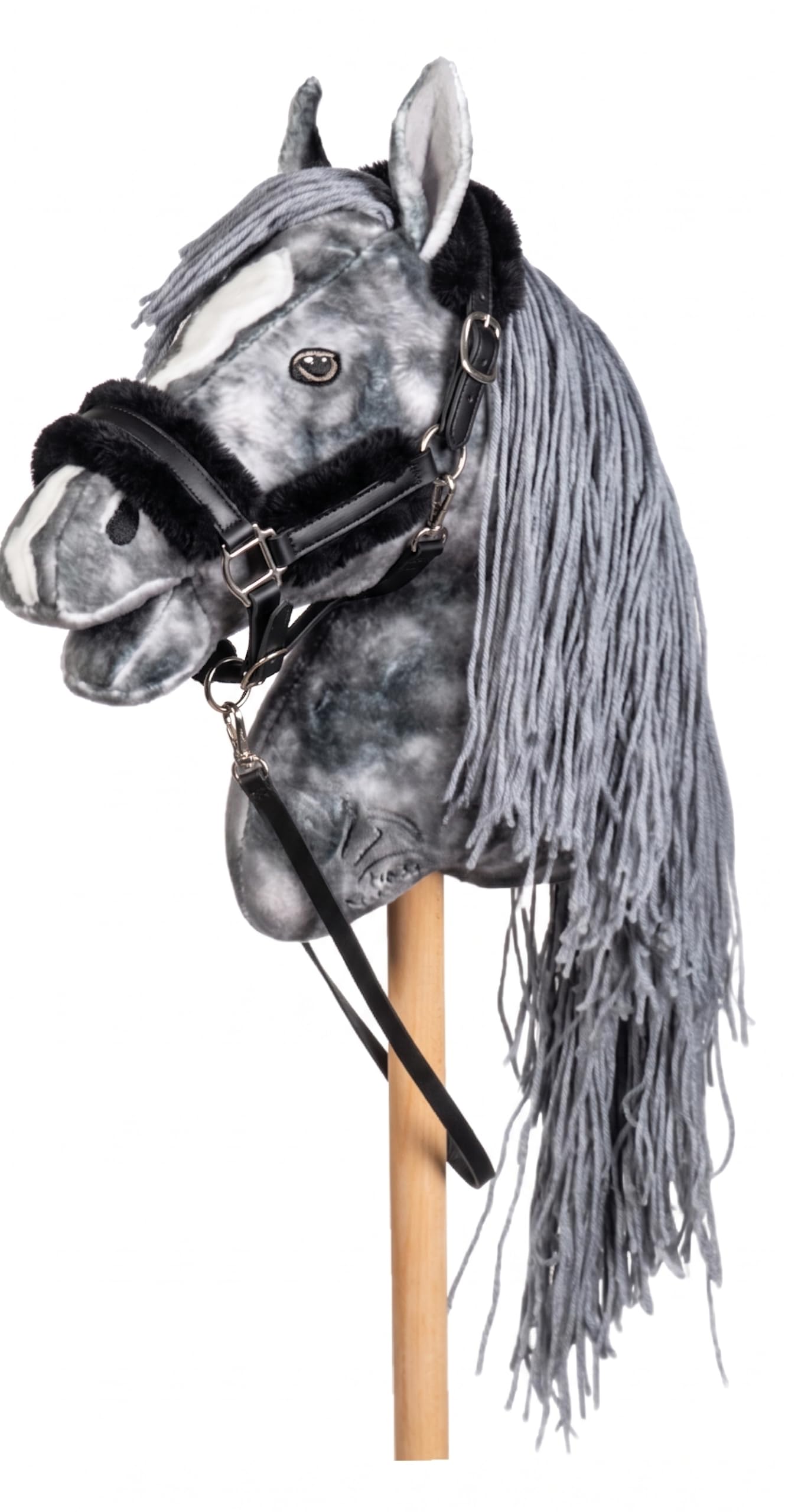 Holly & Claire HKM Hobby Horse Set: Steckenpferd Grau mit Trense & flauschigem Kunstfell-Halfter Schwarz | 40 cm Holzstiel | Reitsport-Spielzeug