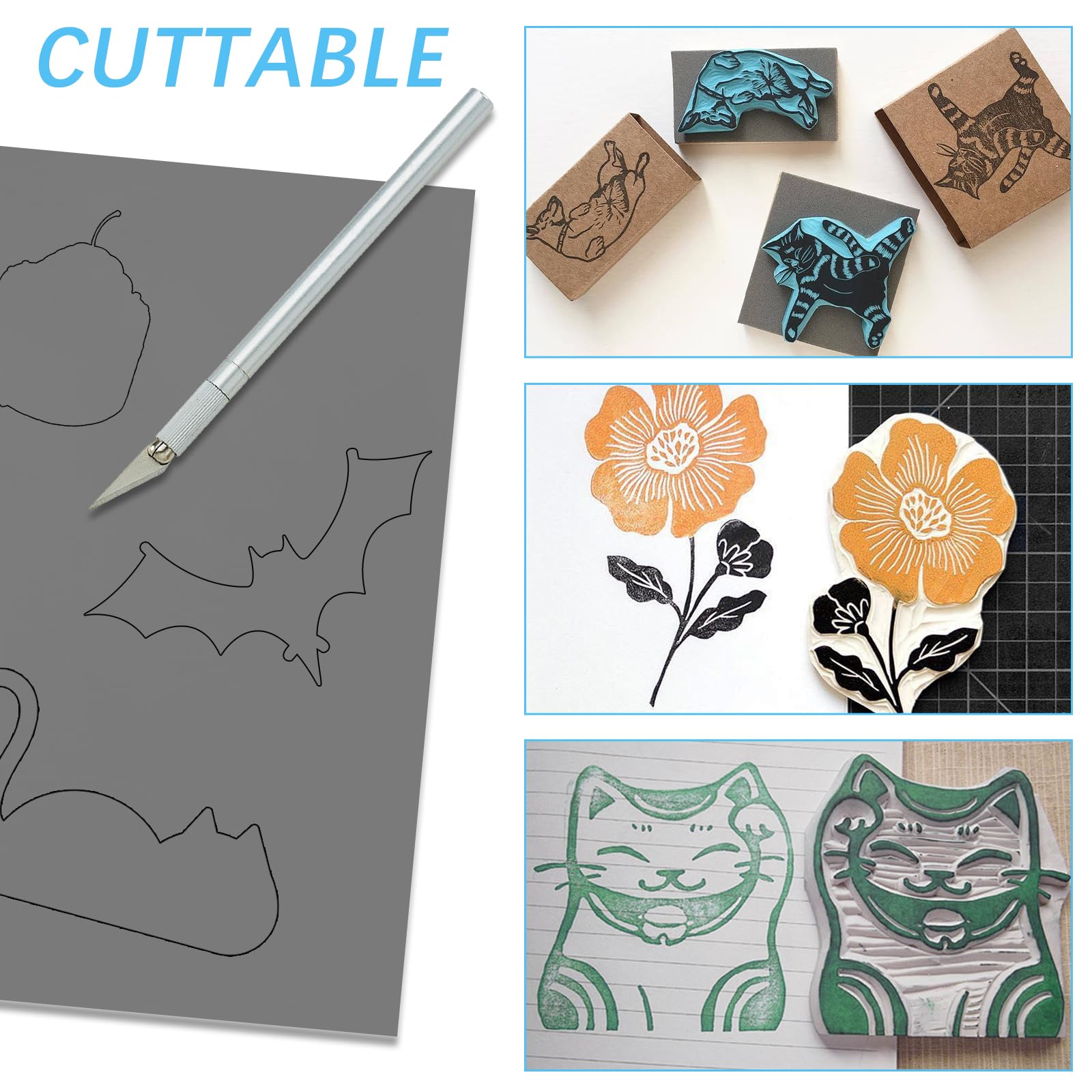 4 Fogli Linoleum per Incisione, Grigio Blocchi Linoleum per Intaglio Kit, Fogli Linocut per Timbri, Artigianato, Progetti di Stampa (A4+A6)