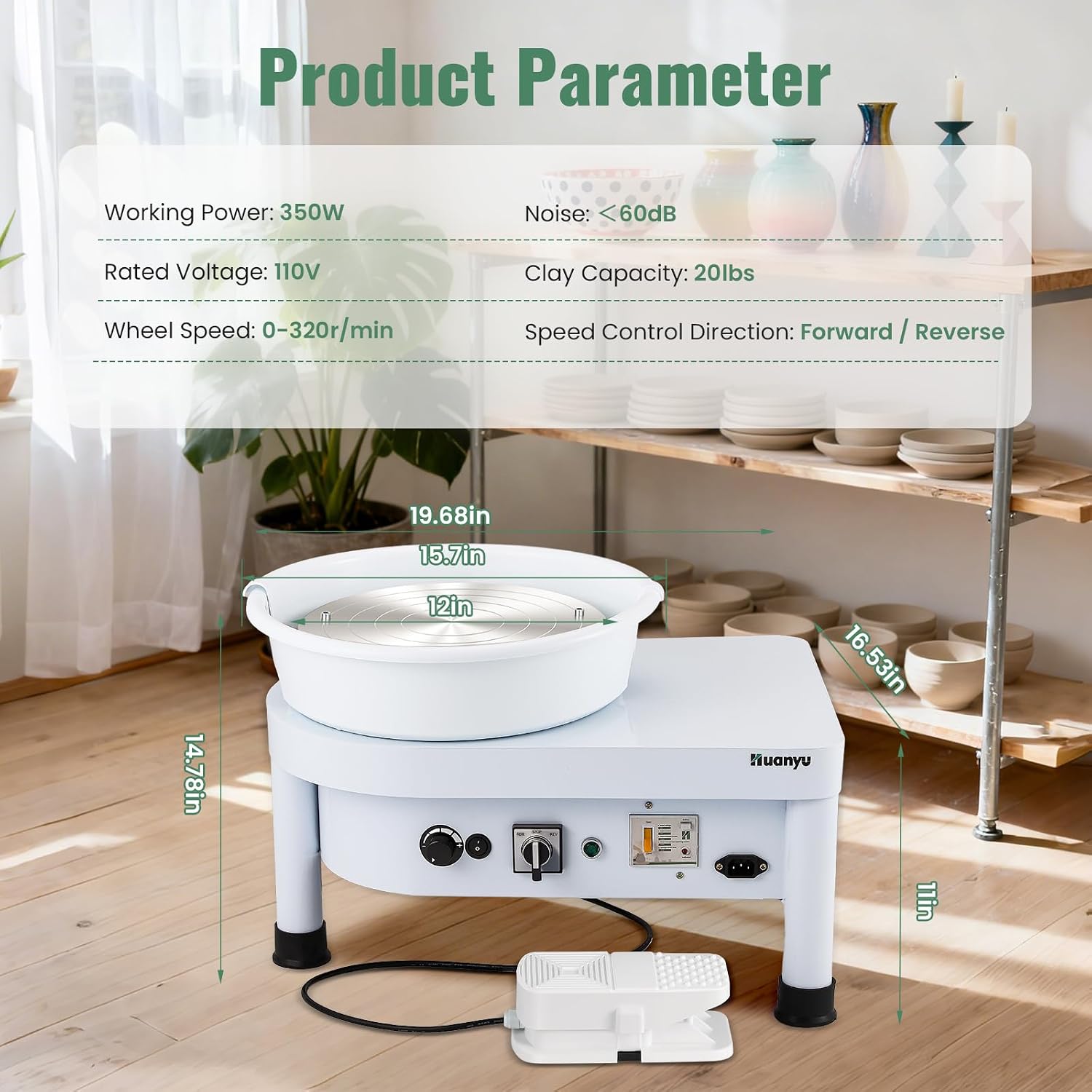 Huanyu Pottery Wheel Machine, 12-Inch Bat System Manual & Foot Pedal Control Electric Ceramic Wheel Forming Machine Art Clay DIY Sculpting Tool Kit (White)