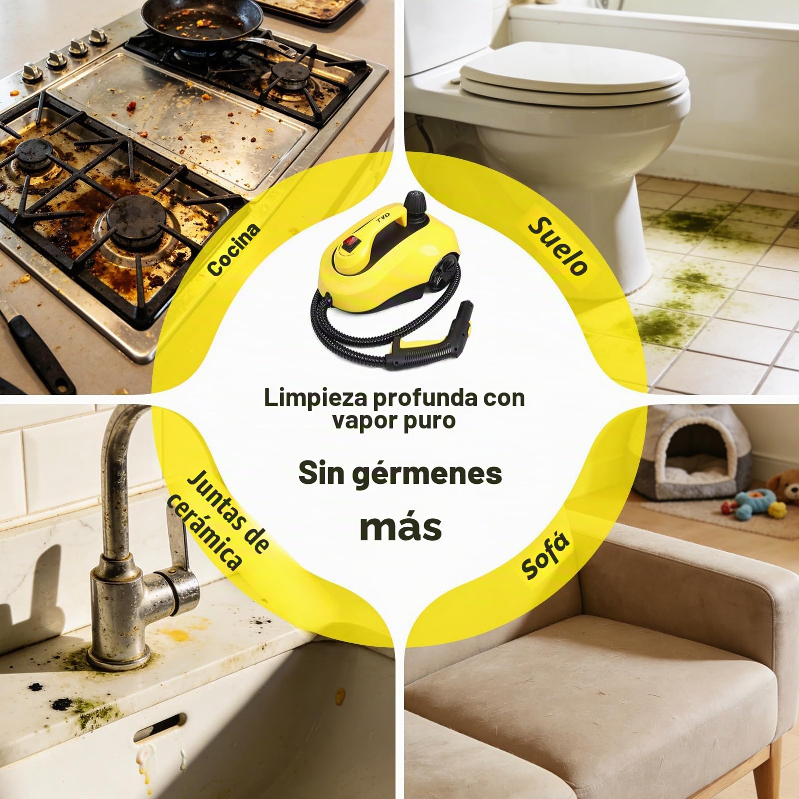 TVD Limpiador a vapor hogar, portátil limpiador vapor, con 26 accesorios | cable extra largo 5 m | para vapores, horno, azulejos, alfombras, cocina, baño | presión: 5 bar | 2000 W | sin químicos
