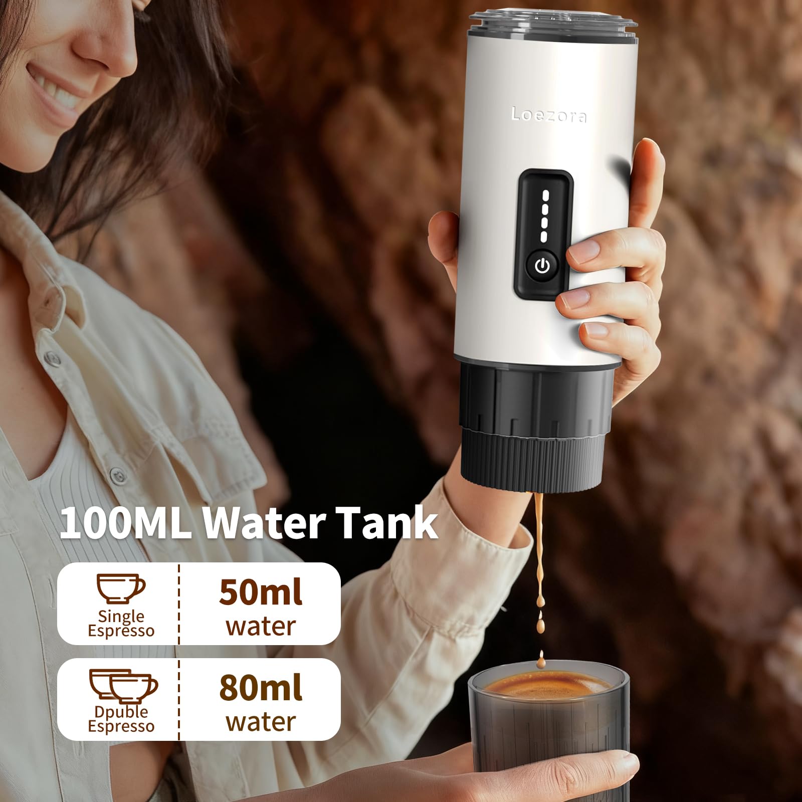 Cafetera espresso portátil, 20 bares | Autocalentamiento y infusión fría, batería de 7500 mAh, 3 en 1 para Nespresso y tierra, viajes, camping, coche, color blanco