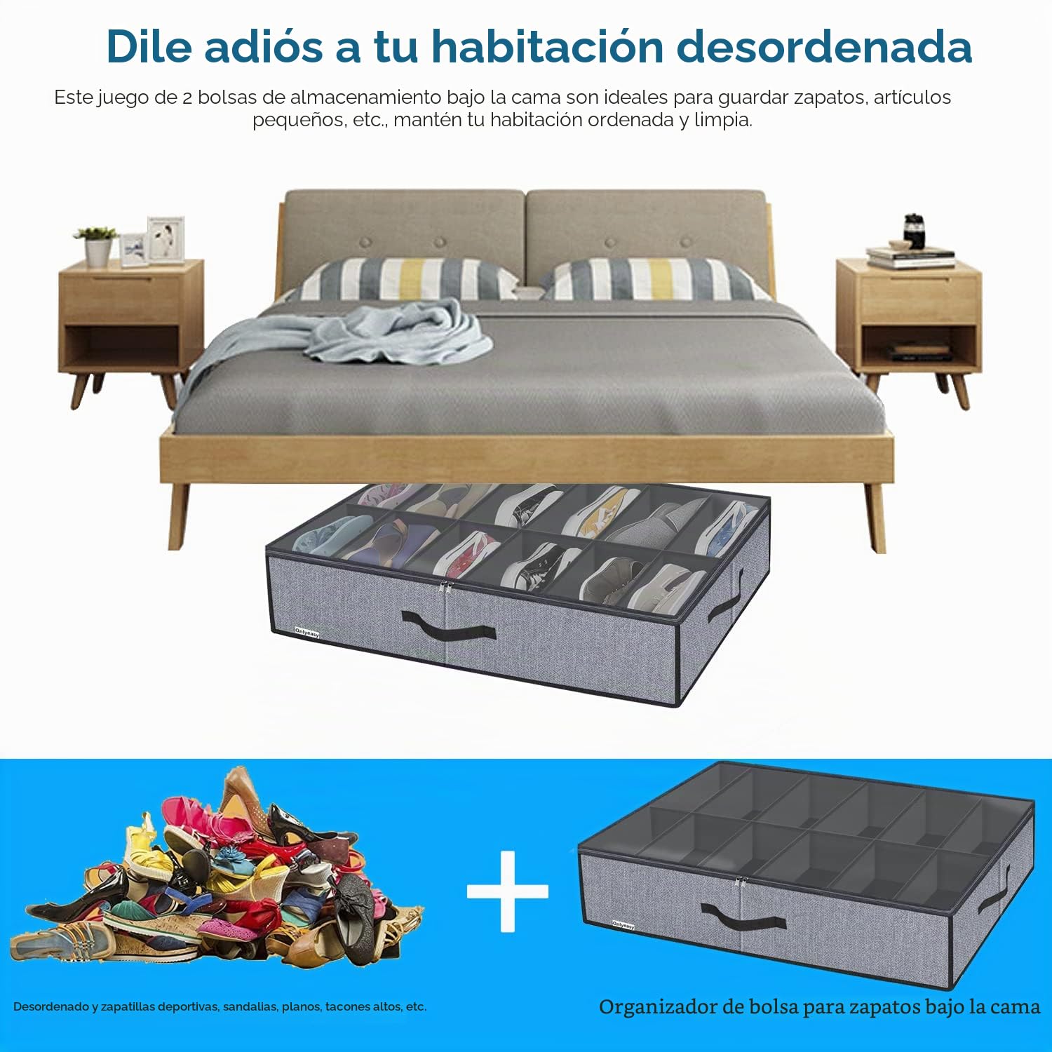 homyfort Juego de 2 bolsas de almacenamiento para zapatos con ventana transparente, organizador de zapatos con 2 compartimentos, caja de almacenamiento para debajo de la cama, lino gris, XDUBSB2P