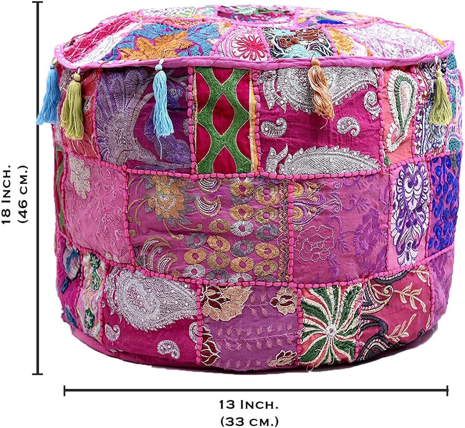 Indian Pouf Footstool Ethnic Embroidered Pouf, Indian Cotton Round Pouffe Ottoman - Cover Only (Pink, 18x13)