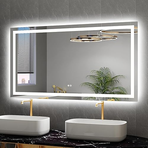 Espejo LED para baño, 55 x 30 pulgadas, espejos de tocador de baño iluminados con luces, espejo frontal más brillante y retroiluminado, espejo