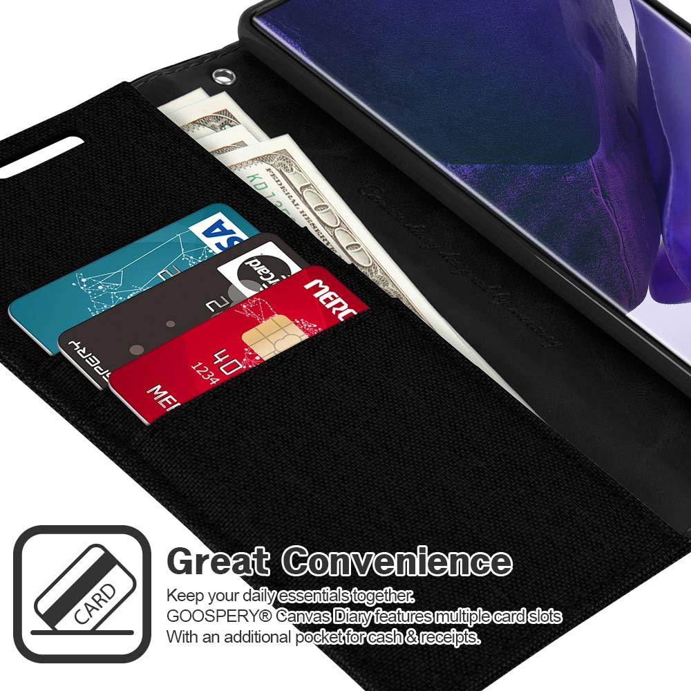 GOOSPERY Canvas Wallet for Galaxy Note 20 Ultra 6.9"(2020) Case, Denim Casual Style Stand Flip Card Holder Phone Cover - Black
