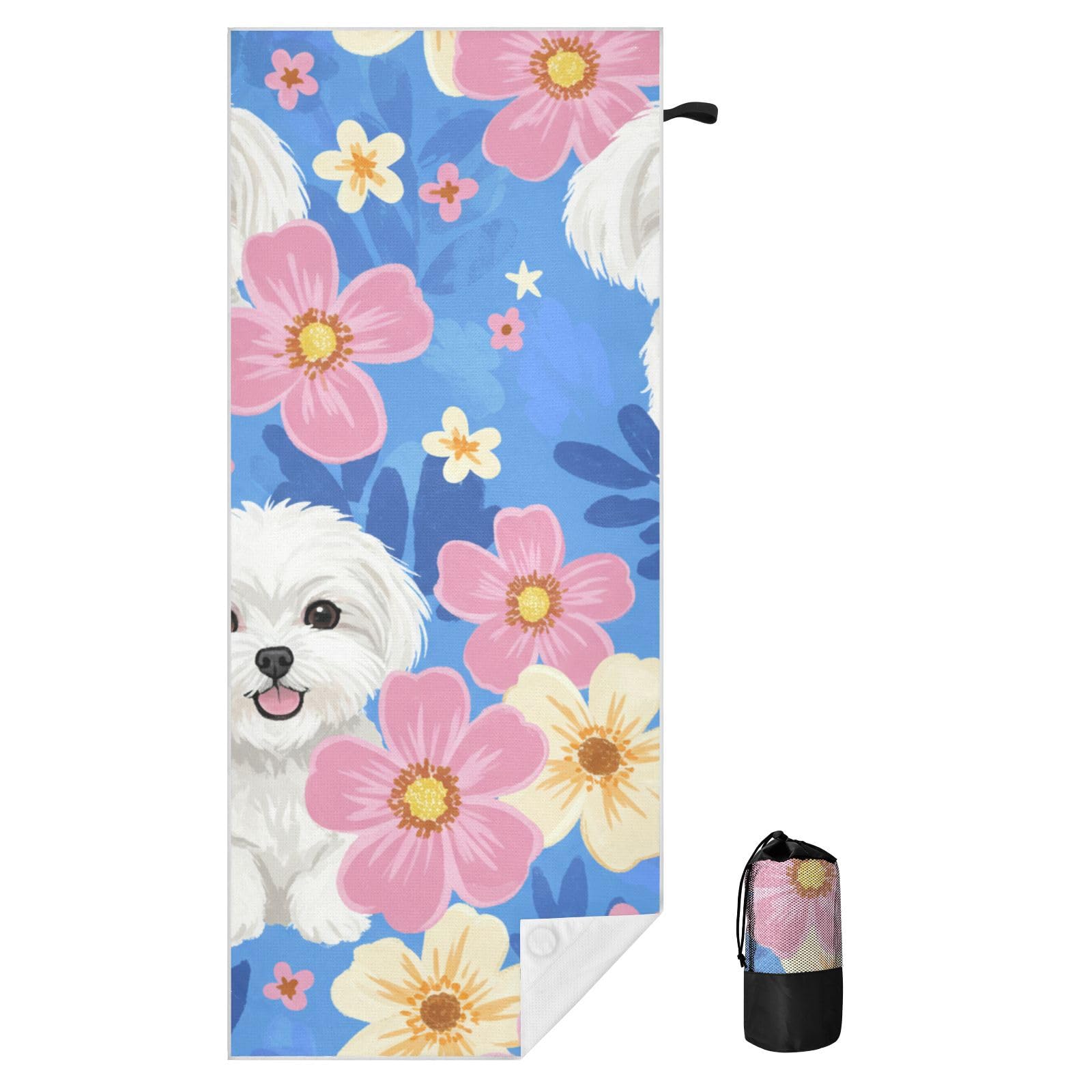 Toallas de playa grandes con bolsas de malla para adultos, toalla de baño de perros malteses blancos felices con cierre magnético, toalla absorbente de secado rápido para piscina, camping y