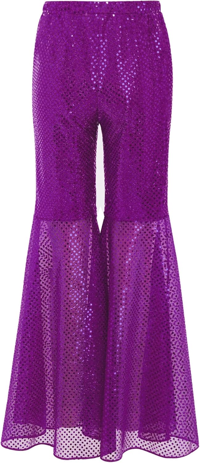 Aislor Kids Girls Sequins Disco Hip Hop Jazz Dance Flared Pants Party Bell Bottom Trousers Performance Dancewear
