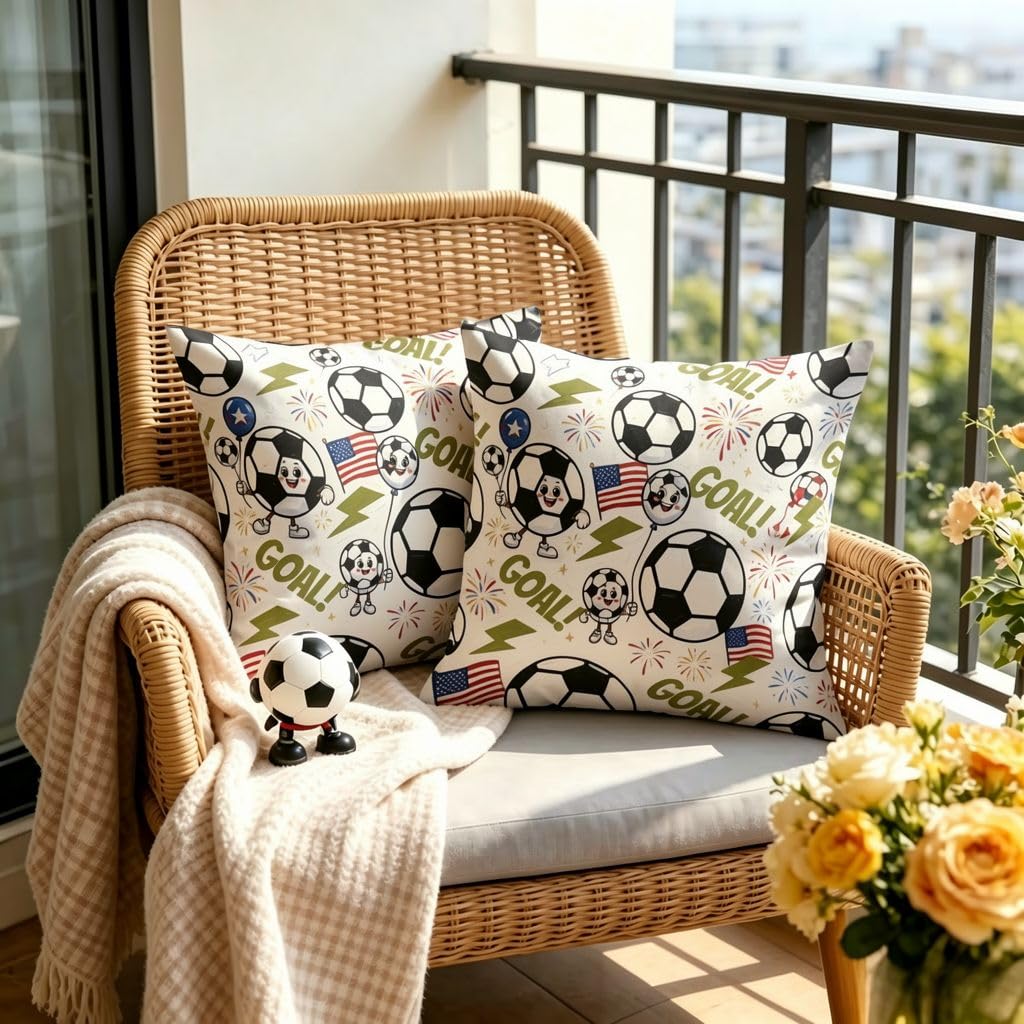 Cartoon Soccer Ball American Flag Linen Pillow Covers -18x18