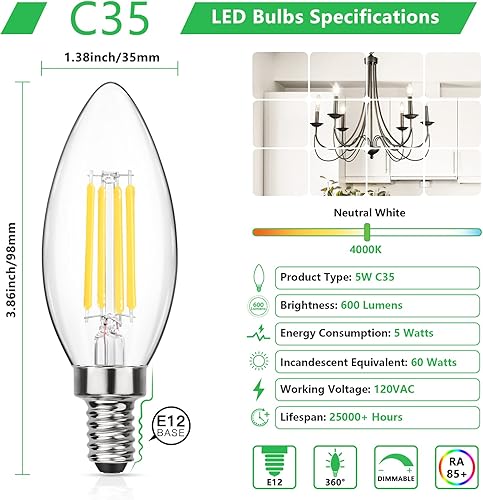 Vista 25 de MAXvolador Bombillas LED regulables E12 Classic Candelabro equivalente a 60 W, luz blanca diurna 5000 K, bombilla LED de 600 lm, bombillas de vela