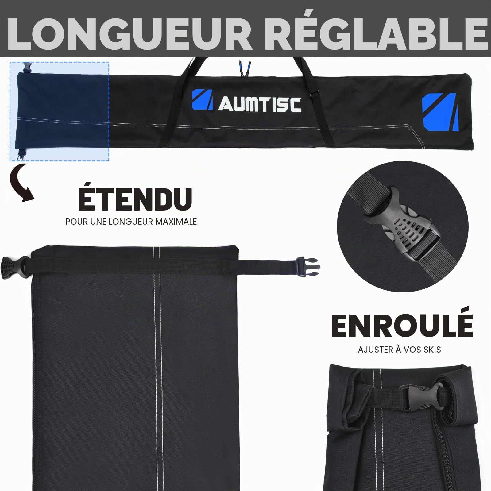AUMTISC Housse Ski Rembourrée Sac Ski avec Longueur Réglable 200 cm pour Skis, Bottes et Casques