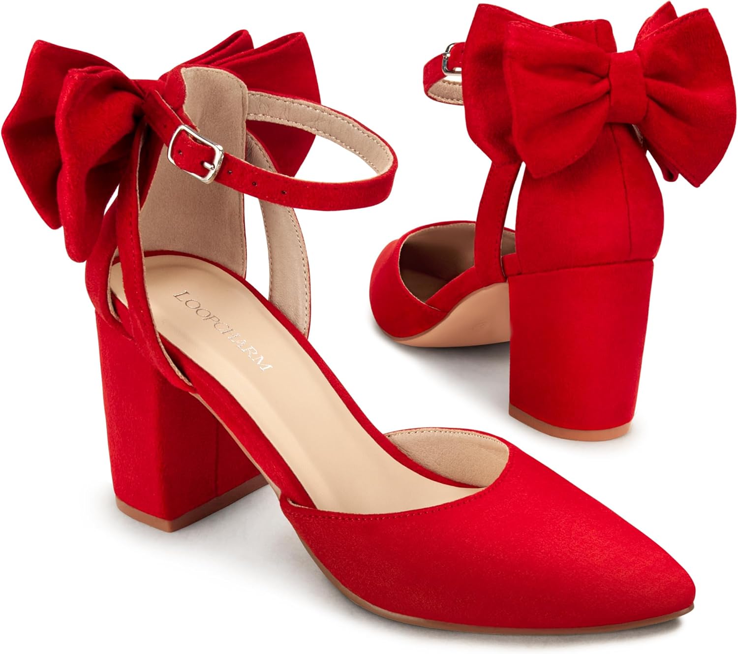 Womens Closed Pointed Toe Heels with Bow Low Chunky Block Heel Ankle Strap D'Orsay Pumps Bridal Wedding Dress Shoes - Image 4