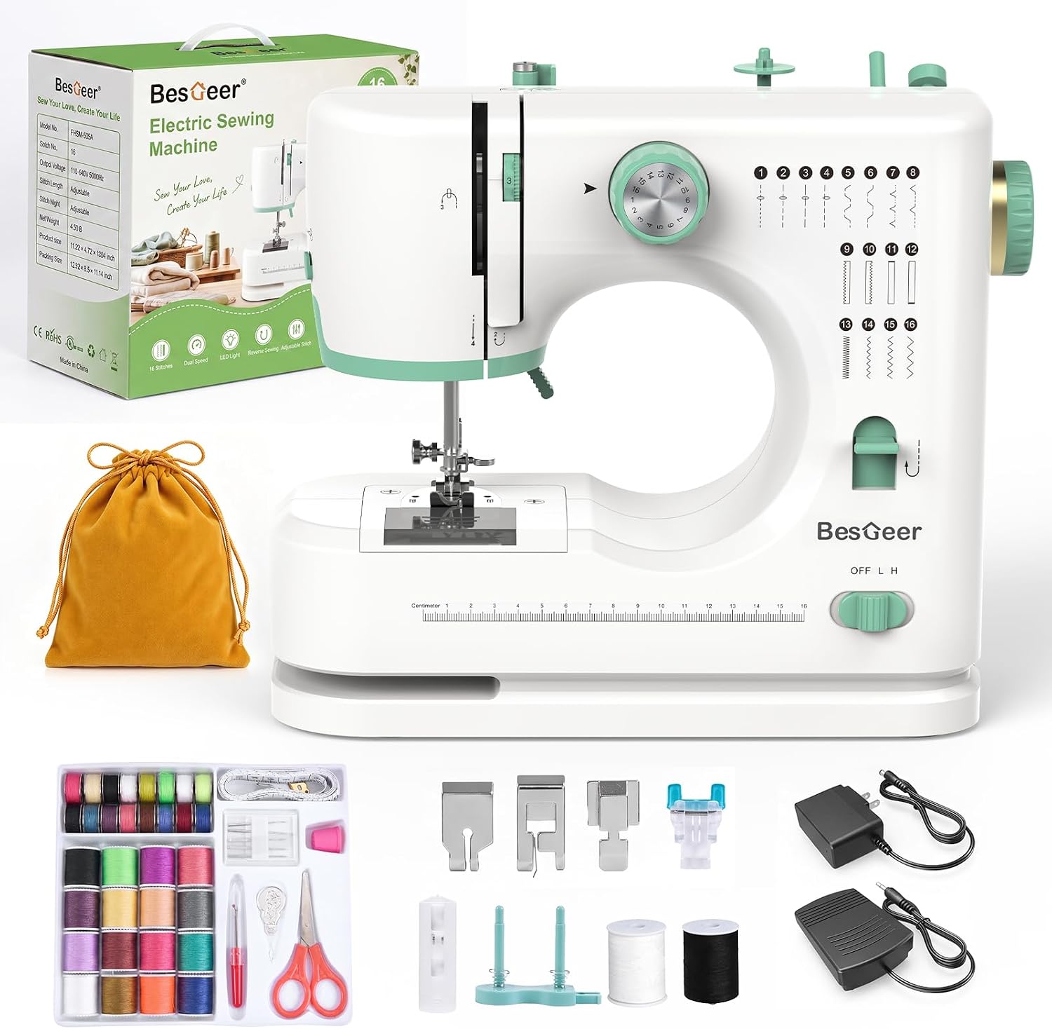 BESGEER Sewing Machine for Beginners with 16 Stitches,42Pcs Sew-Threads Kit