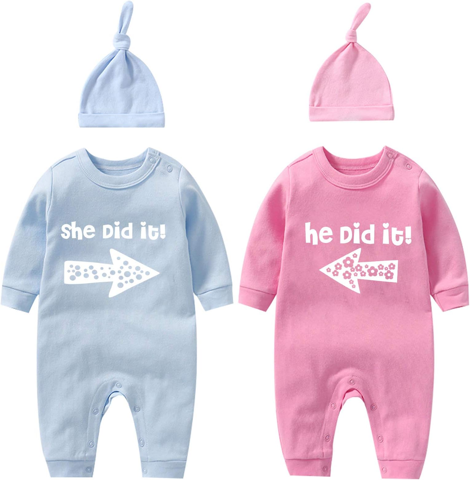 YSCULBUTOLBaby Twins Bodysuits He/She Did It Twin Outfit Girl Romper With Hat Set