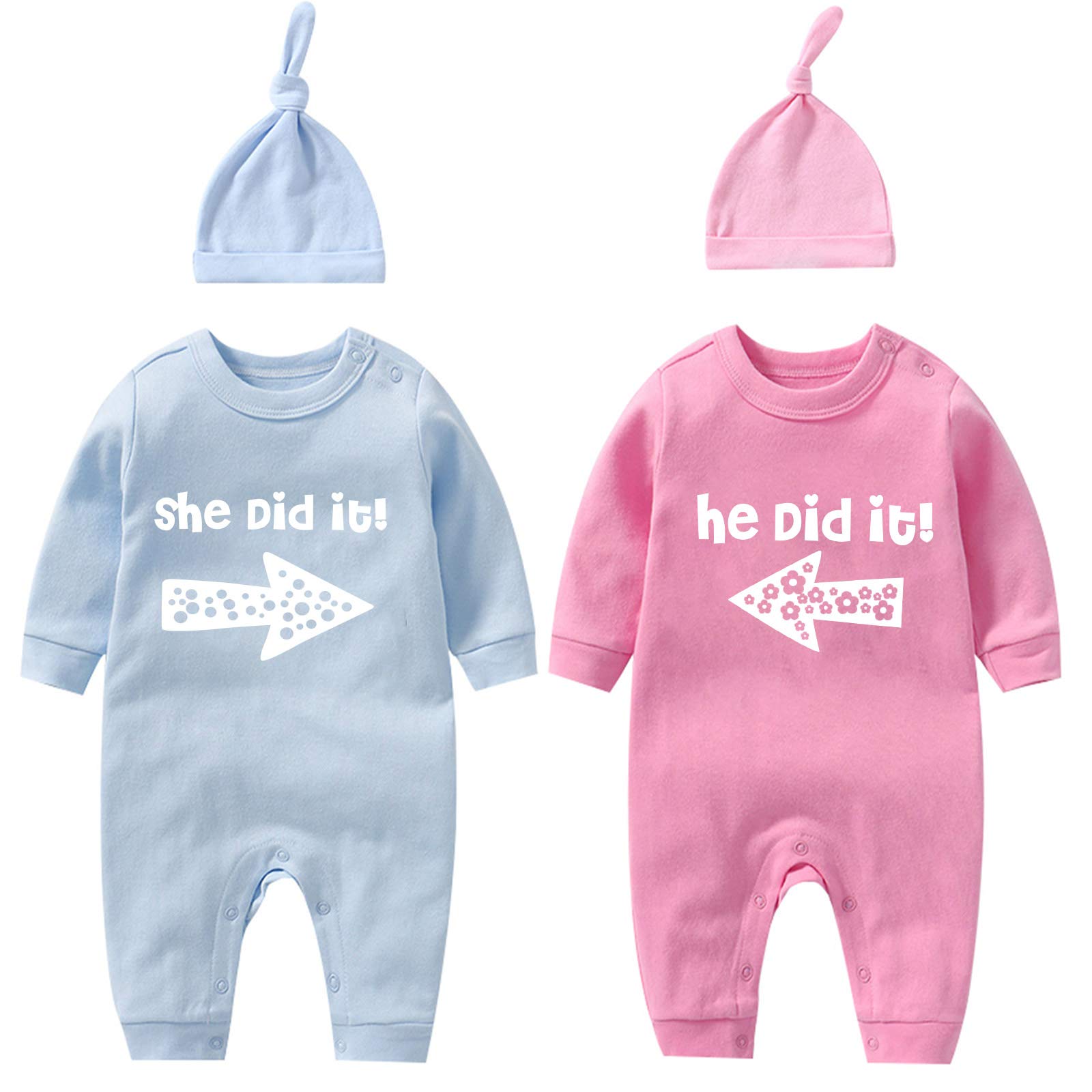 YSCULBUTOLBaby Twins Bodysuits He/She Did It Twin Outfit Girl Romper With Hat Set