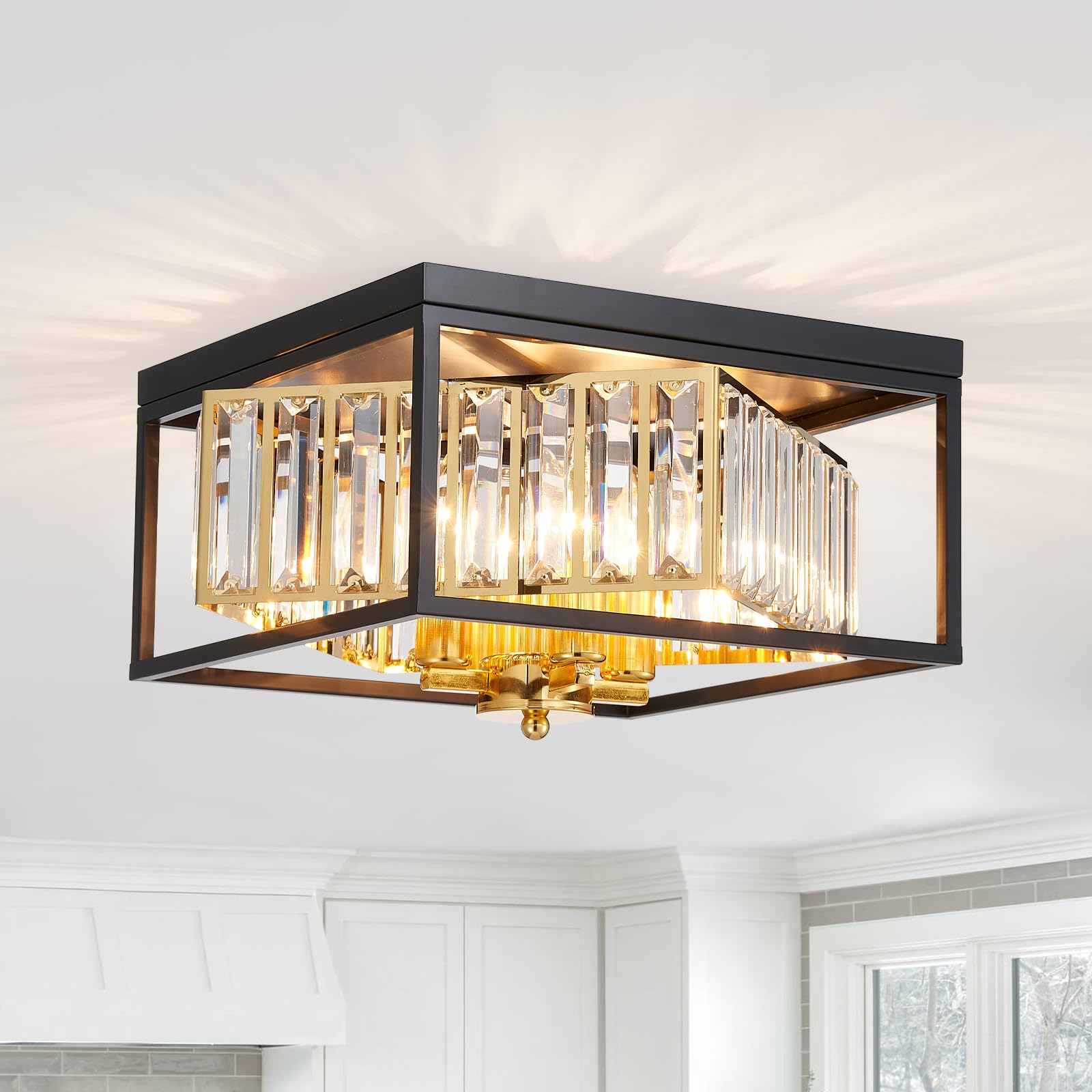 Majhoiw Black and Gold Ceiling Light 4-Light 32cm Square Crystal Chandelier with Adjustable Shade E12 Base Flush Mount Modern Lamp for Kitchen Hallway Living Room Bedroom Foyer