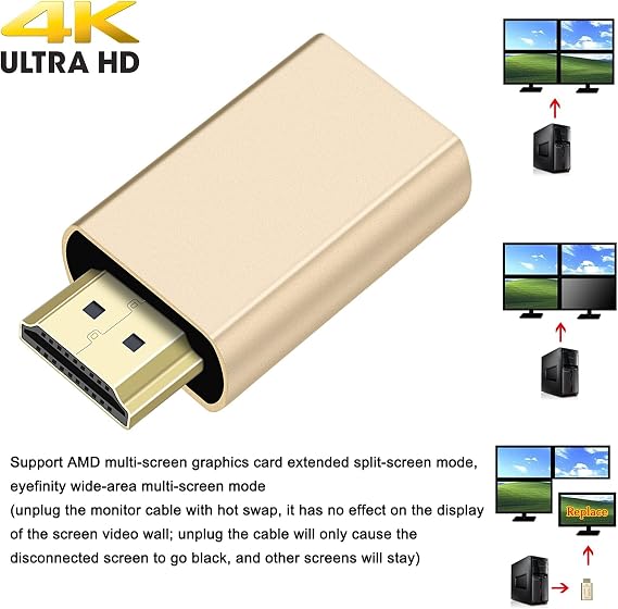 DTECH 4K HDMI EDID Emulator Passthrough Adapter 4K@60Hz Male to Female Coupler HDMI Dummy Plug for Computer Multi-Display Setup Monitor Projector