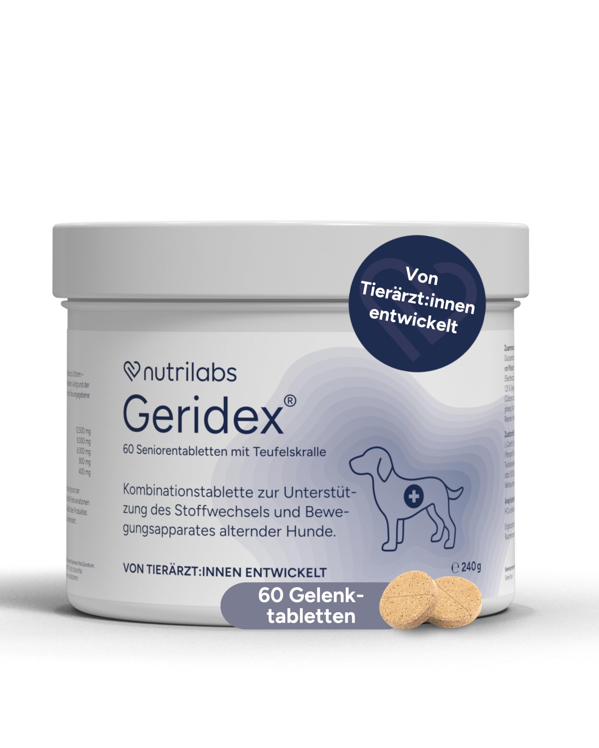 NutriLabs Geridex® Tabletten für Senioren-Hunde 60 STK. - Seniorentabletten für Hunde mit Glucosamin, Weißdorn u.v.m. - Hunde-Nahrungsergänzung - Teufelskralle-Tabletten - MSM-Hund